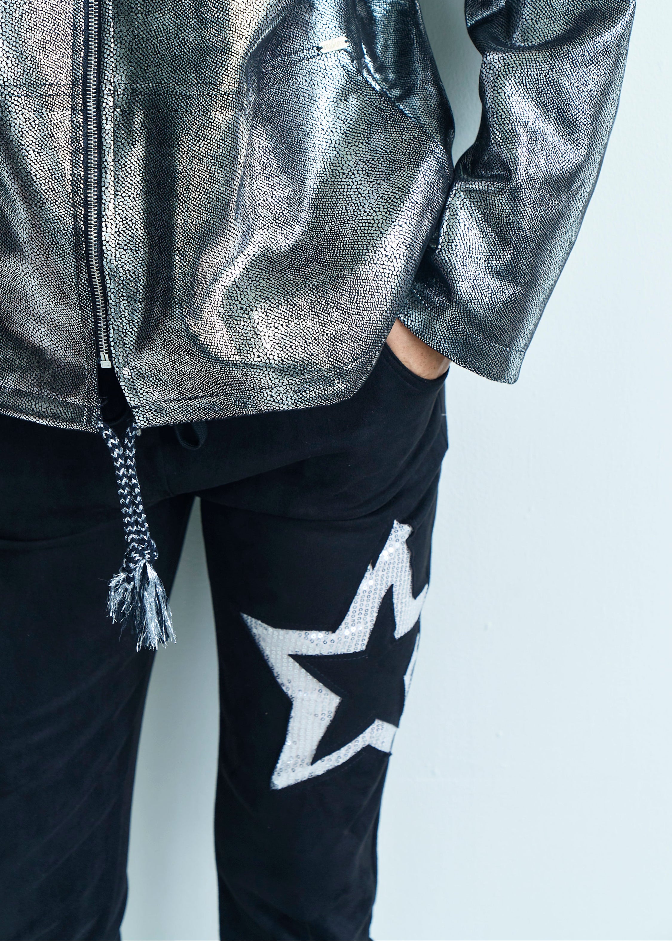 Madonna Italian Suede Feel Cargo Jogger with Shimmer Star in Black