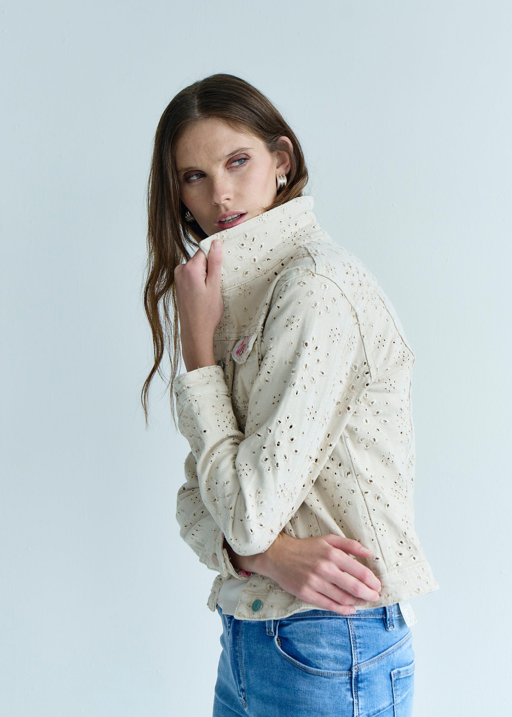 Embroidered Denim Jacket with Floral Detail in Beige