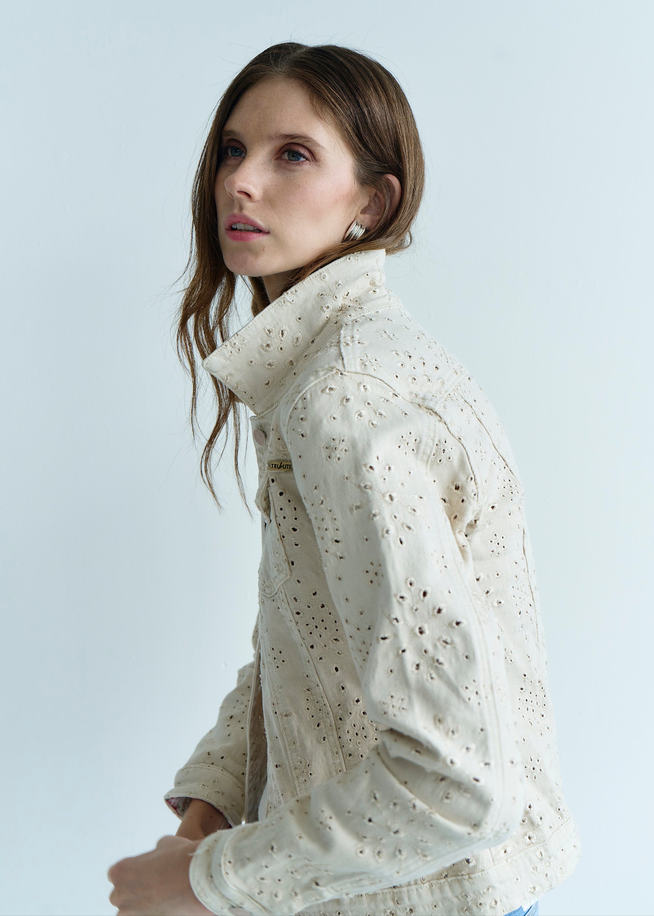 Embroidered Denim Jacket with Floral Detail in Beige
