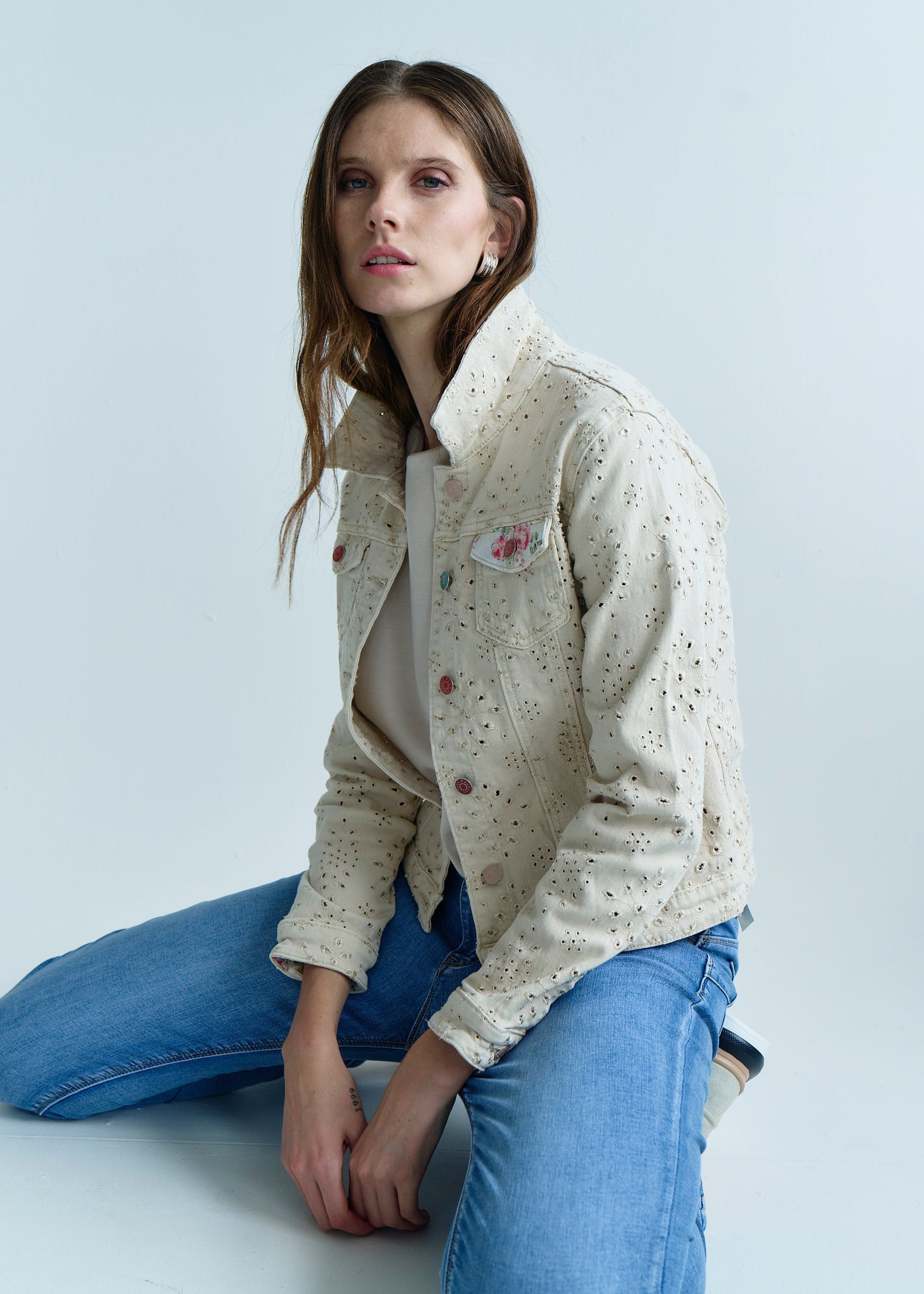 Embroidered Denim Jacket with Floral Detail in Beige