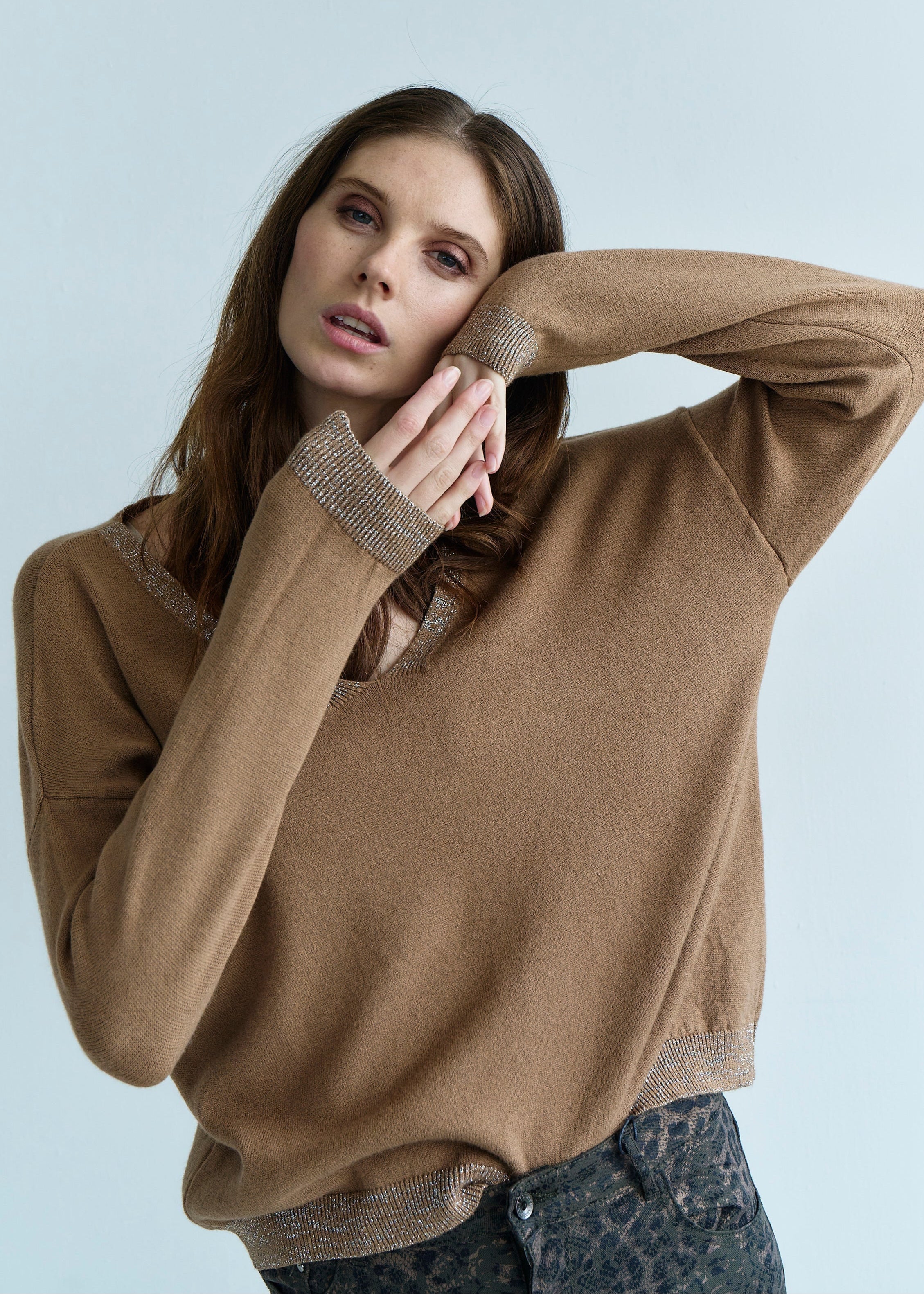 Italian Lurex Knit with Shimmer Neckline In Camel