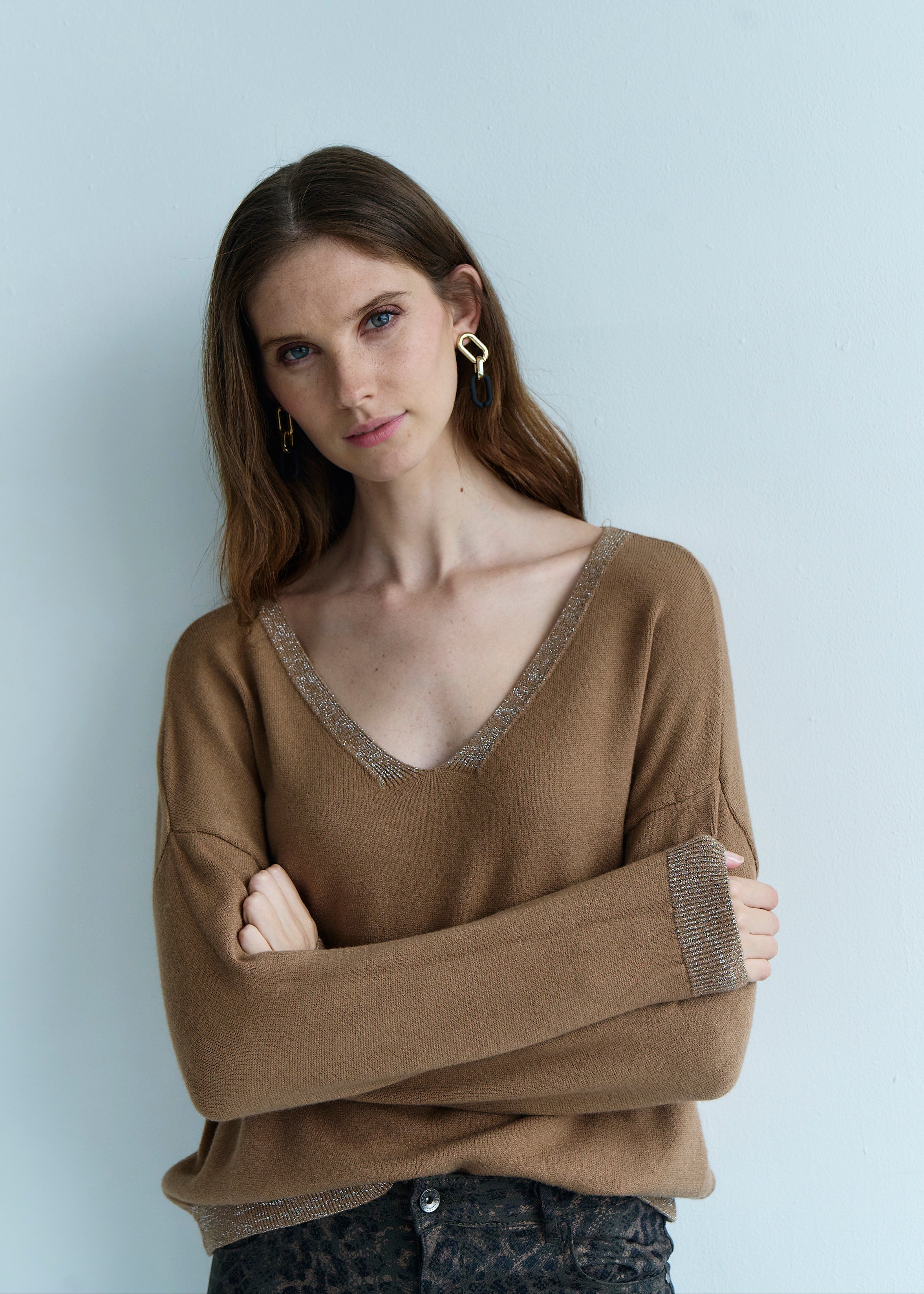 Italian Lurex Knit with Shimmer Neckline In Camel