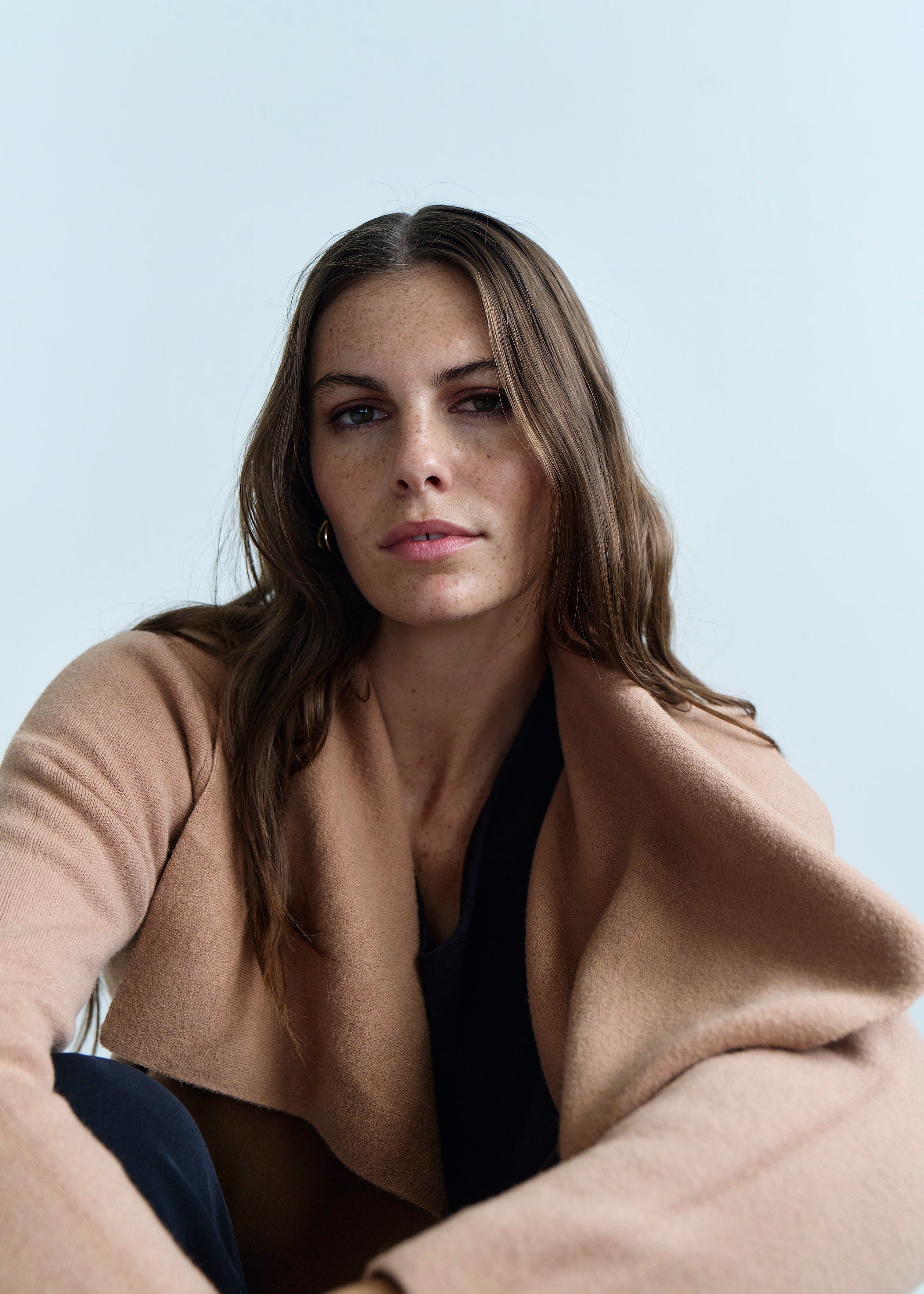 Jackie O 3/4 Length Knitted Viscose Coat in Caramel