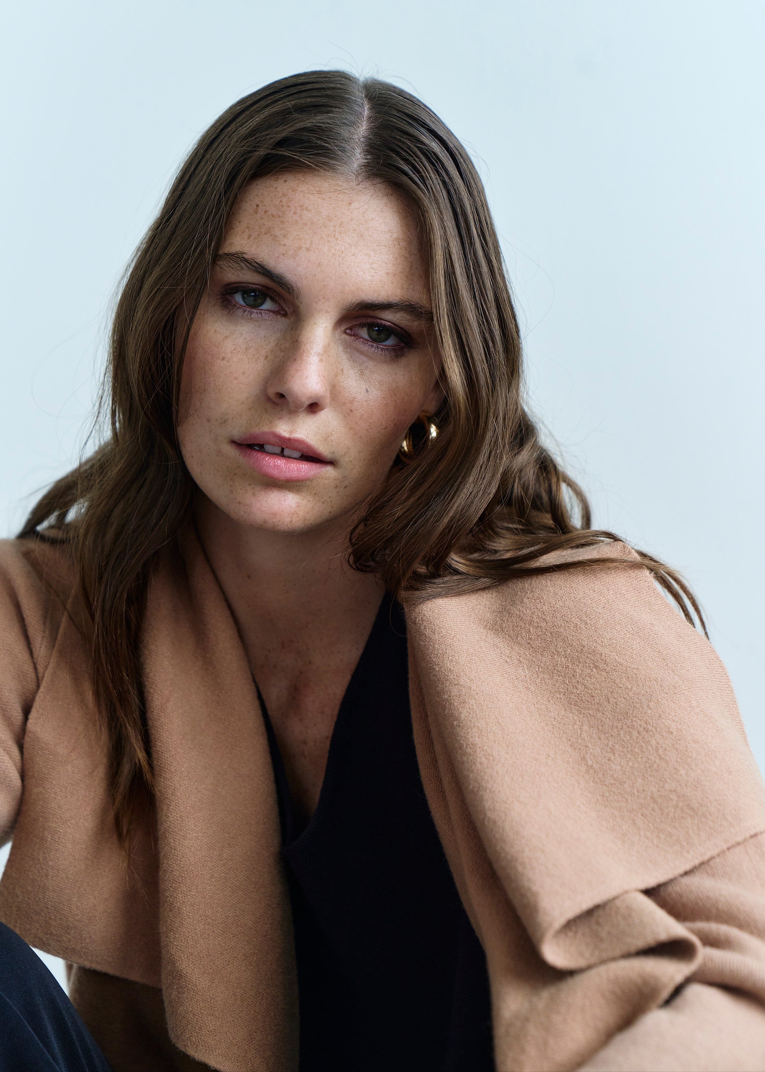 Jackie O 3/4 Length Knitted Viscose Coat in Caramel