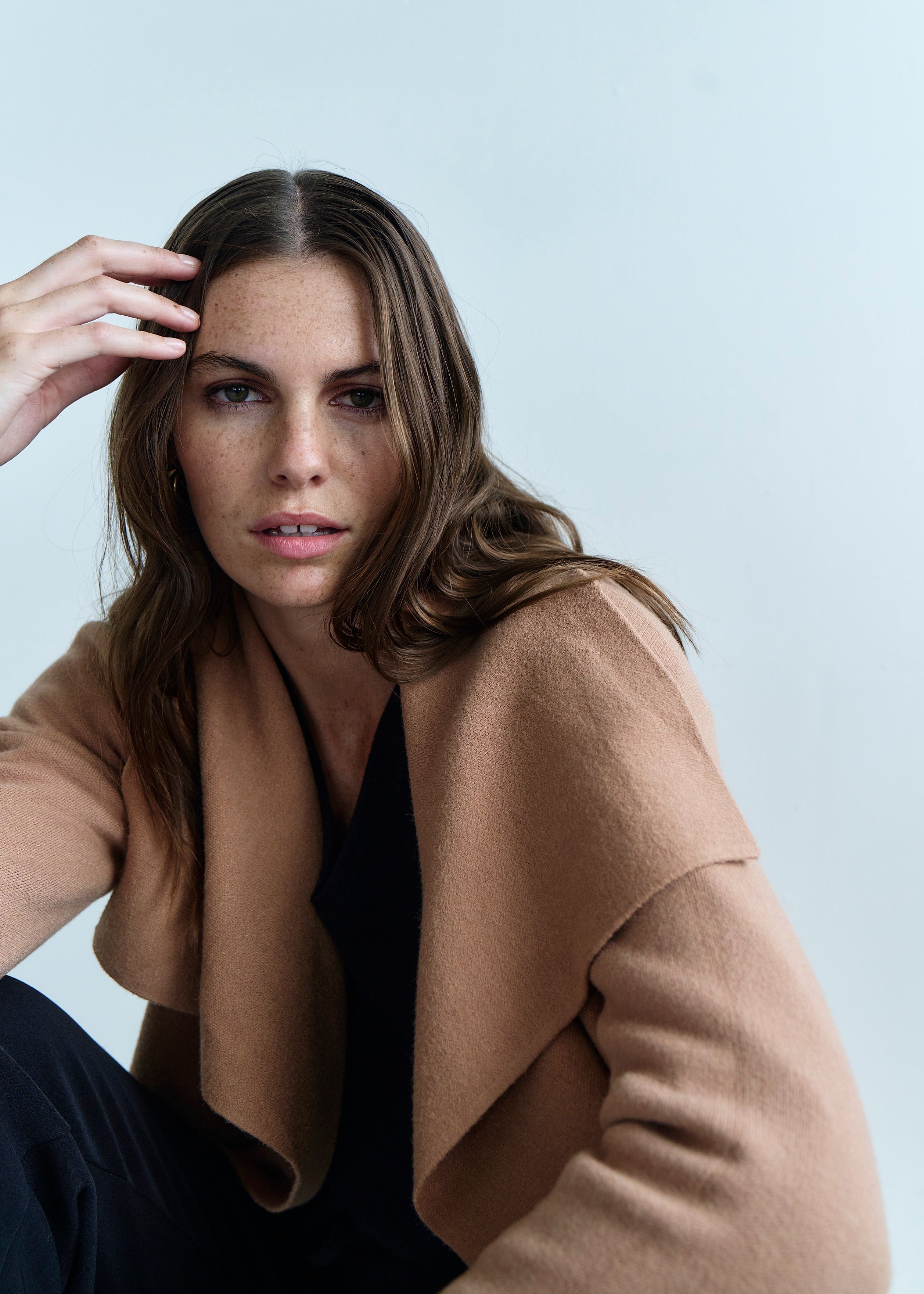Jackie O 3/4 Length Knitted Viscose Coat in Caramel