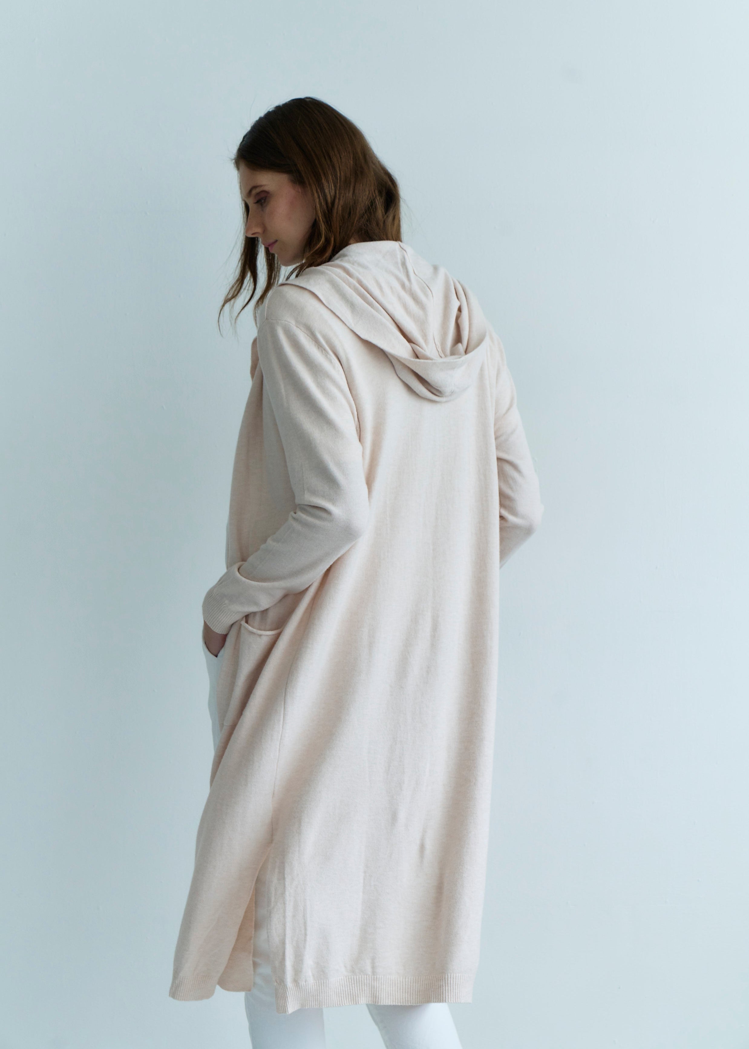 Paris Full Length Knitted Viscose Cardigan with Hood in Cream