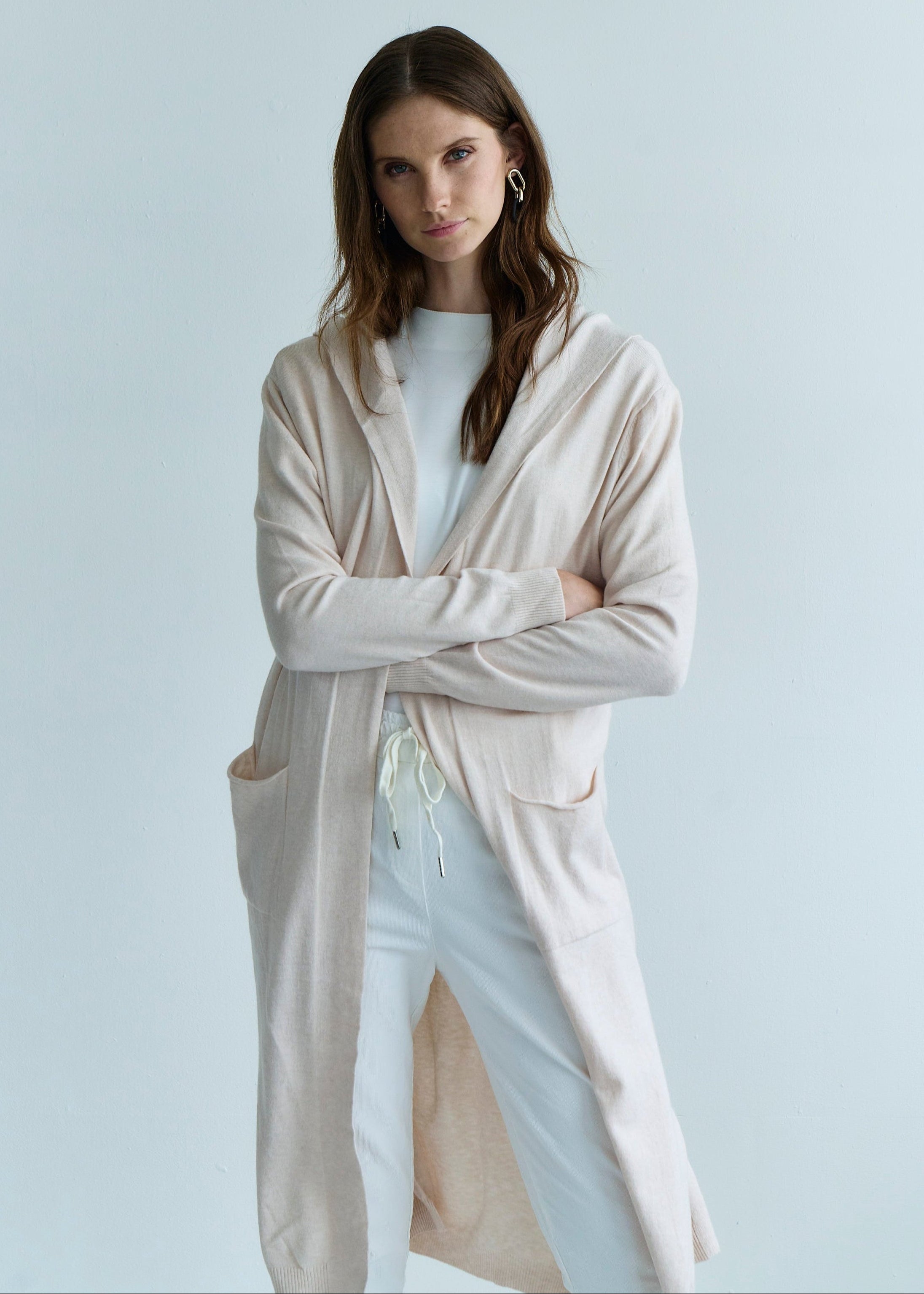 Paris Full Length Knitted Viscose Cardigan with Hood in Cream