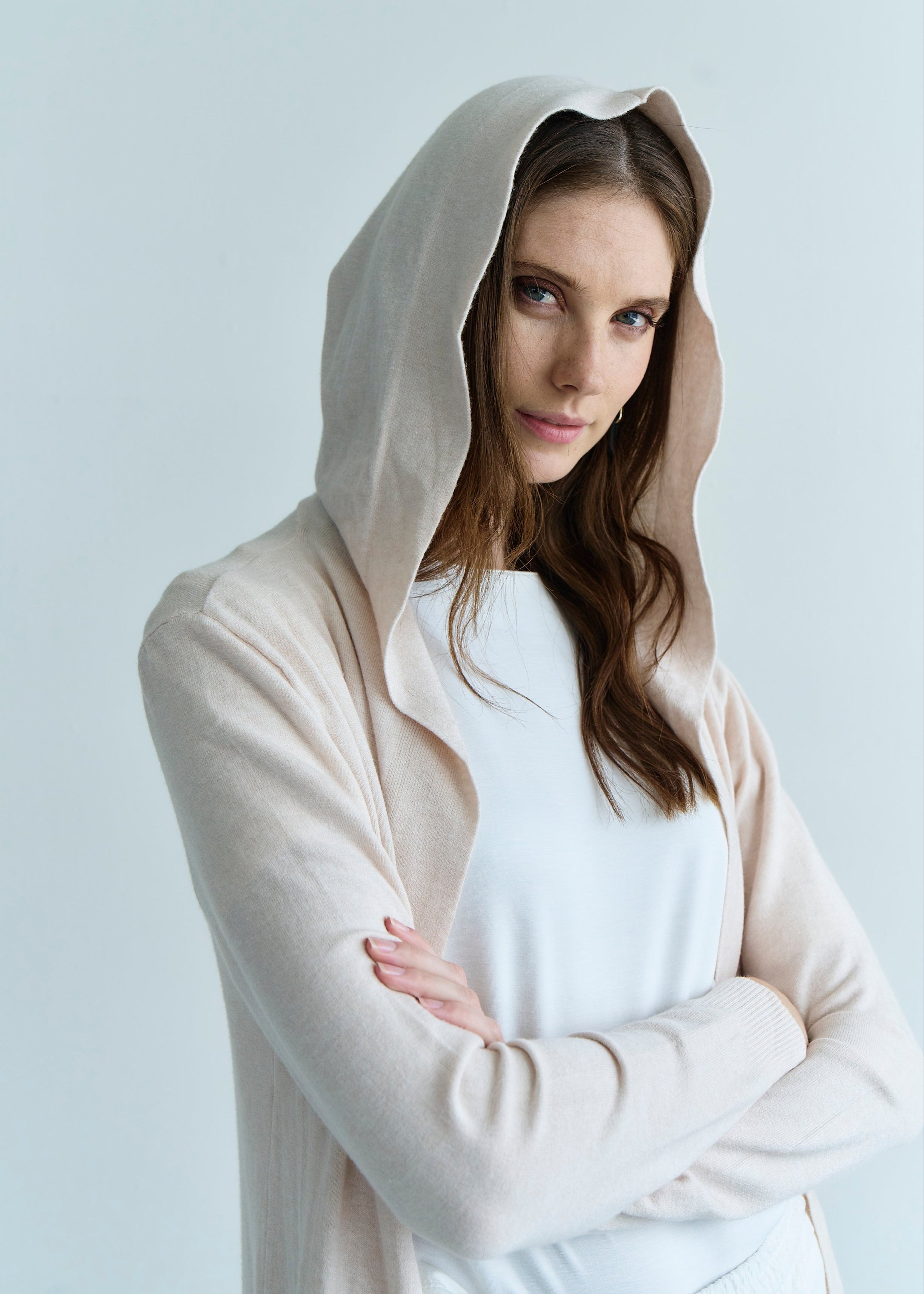 Paris Full Length Knitted Viscose Cardigan with Hood in Cream