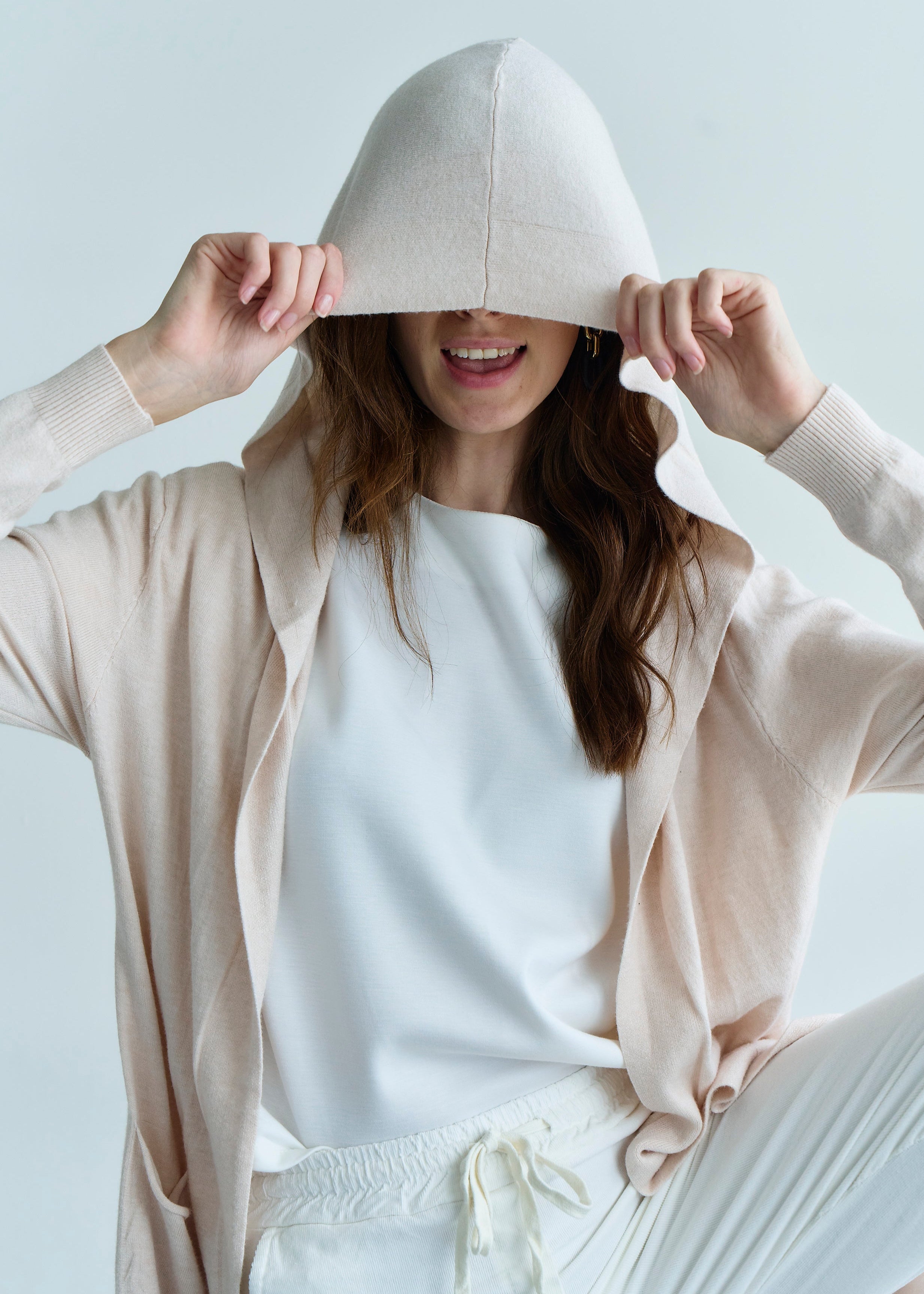 Paris Full Length Knitted Viscose Cardigan with Hood in Cream