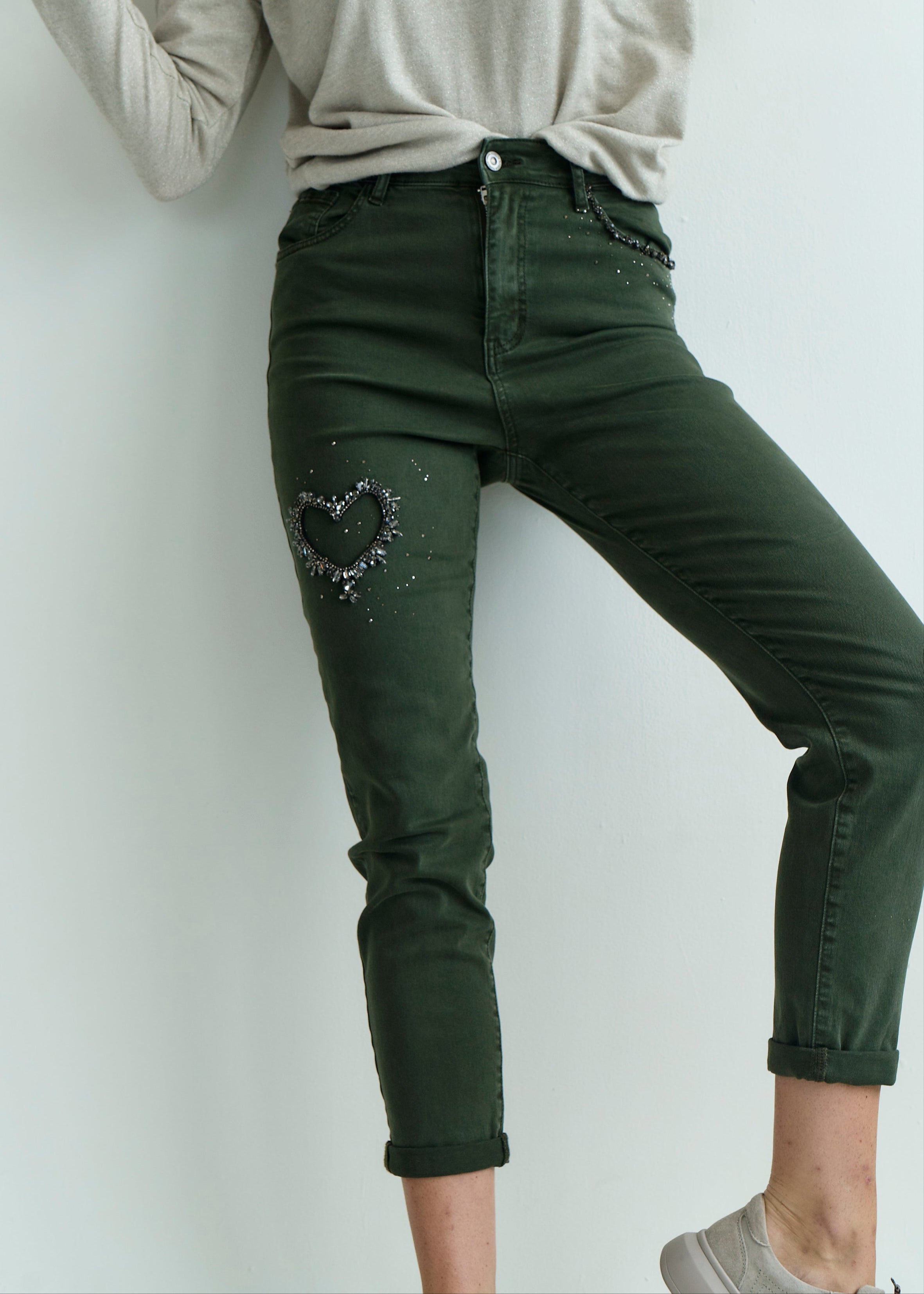 High Waisted Jeans with Embelished Heart in Khaki