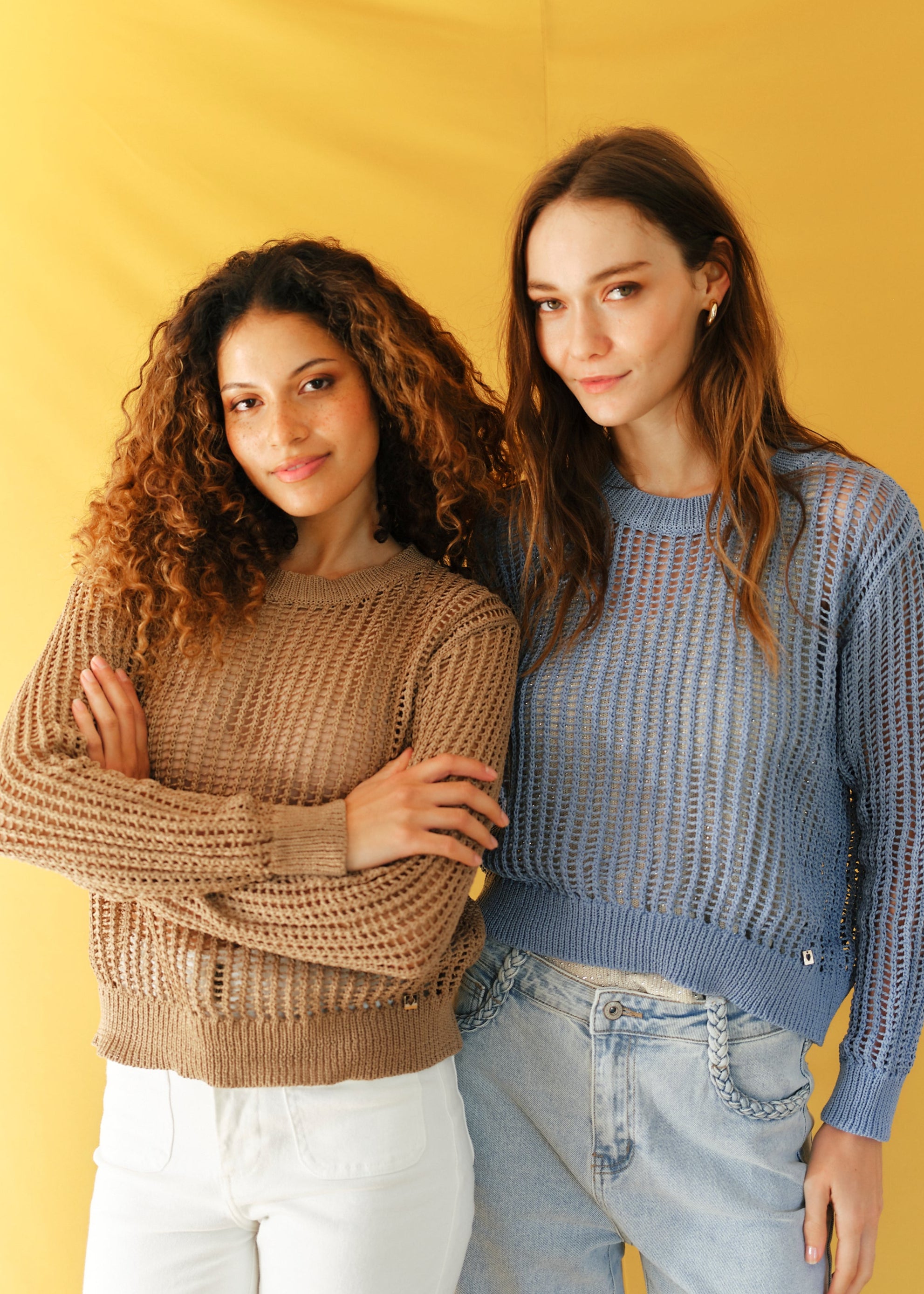 Ibiza Knitted Open Weave Jumper with Lurex in Caramel