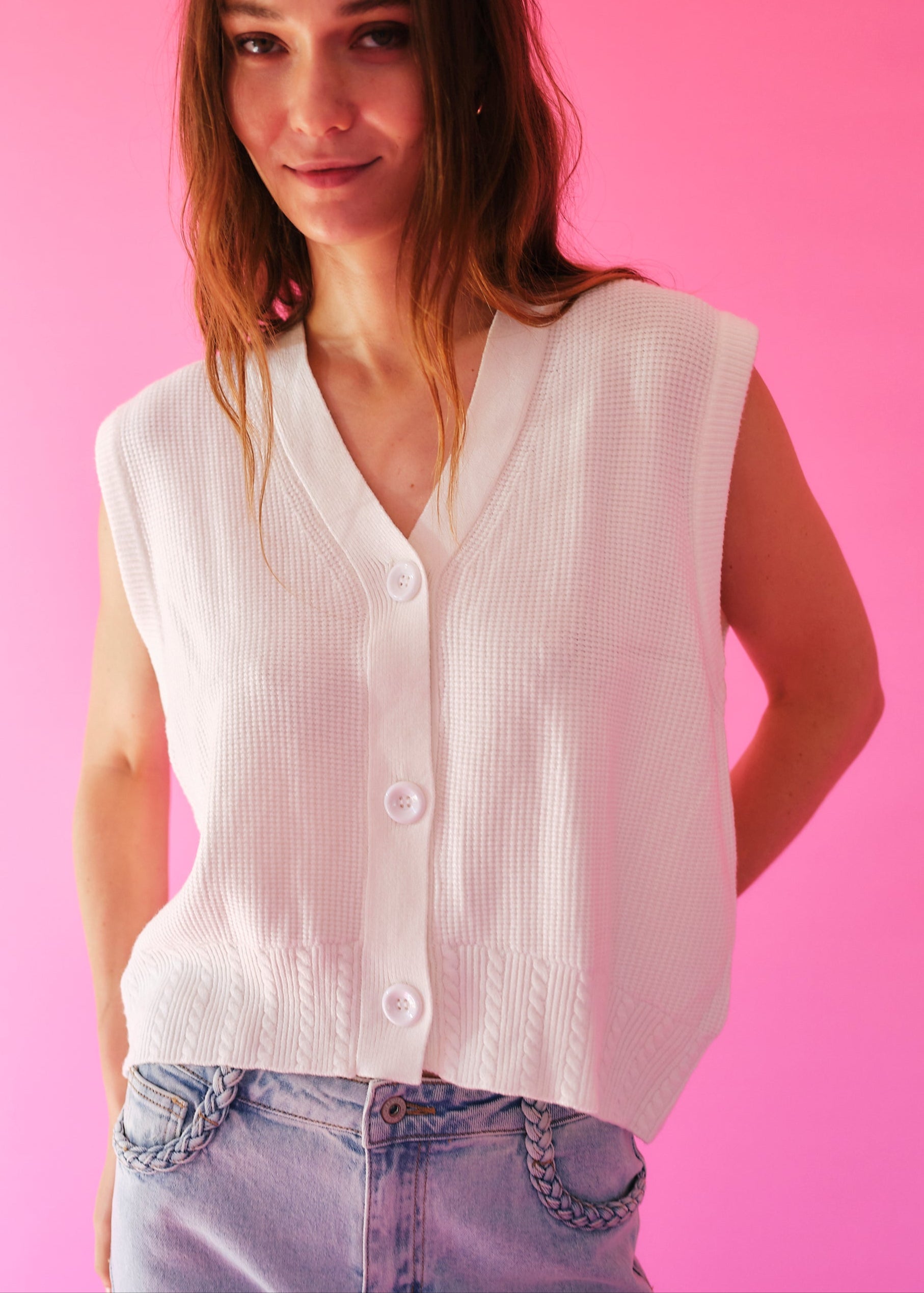 White Oversized Sleeveless Knitted Cardi
