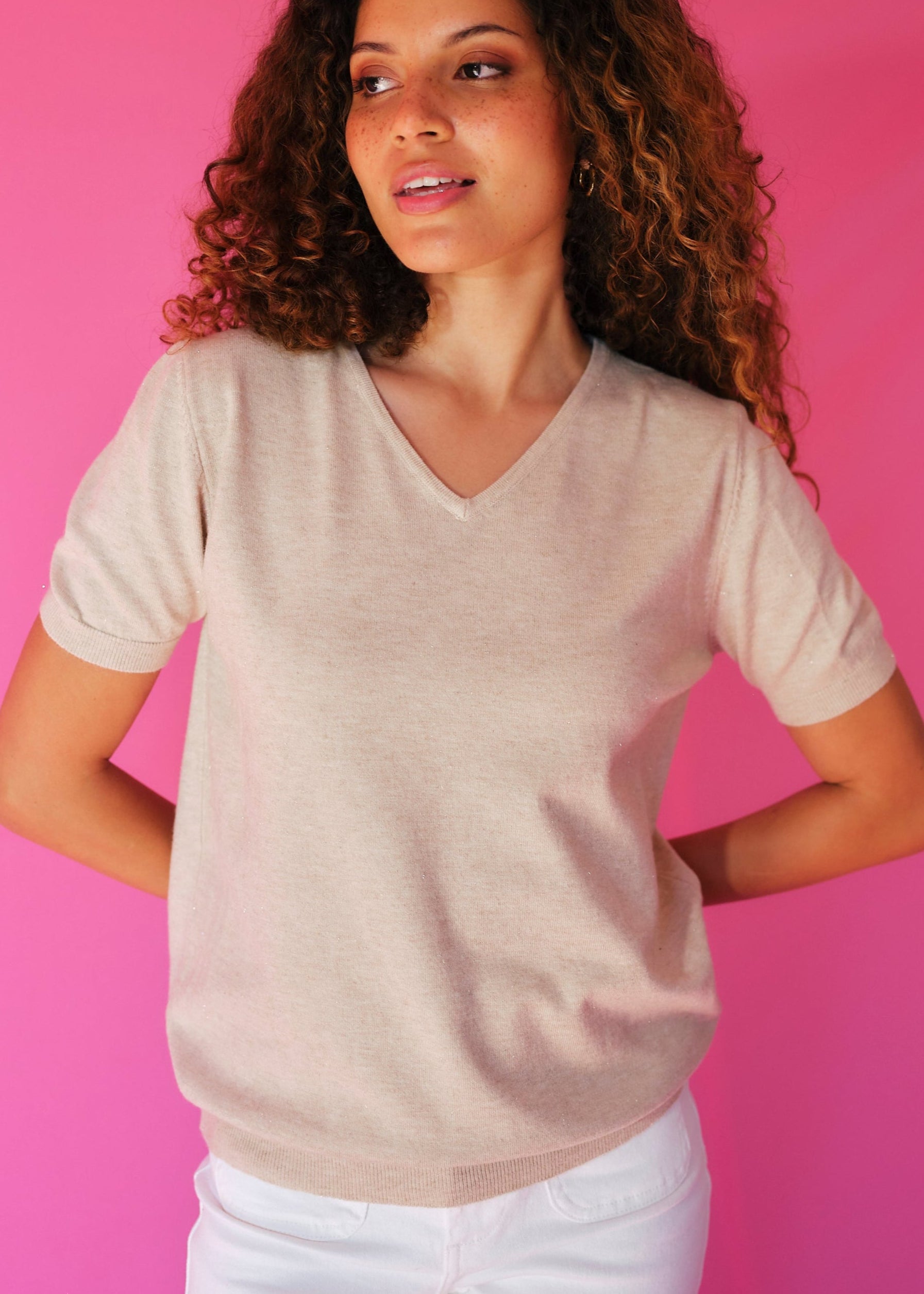 Lurex V Neck Tee with Shimmer Detail in Beige