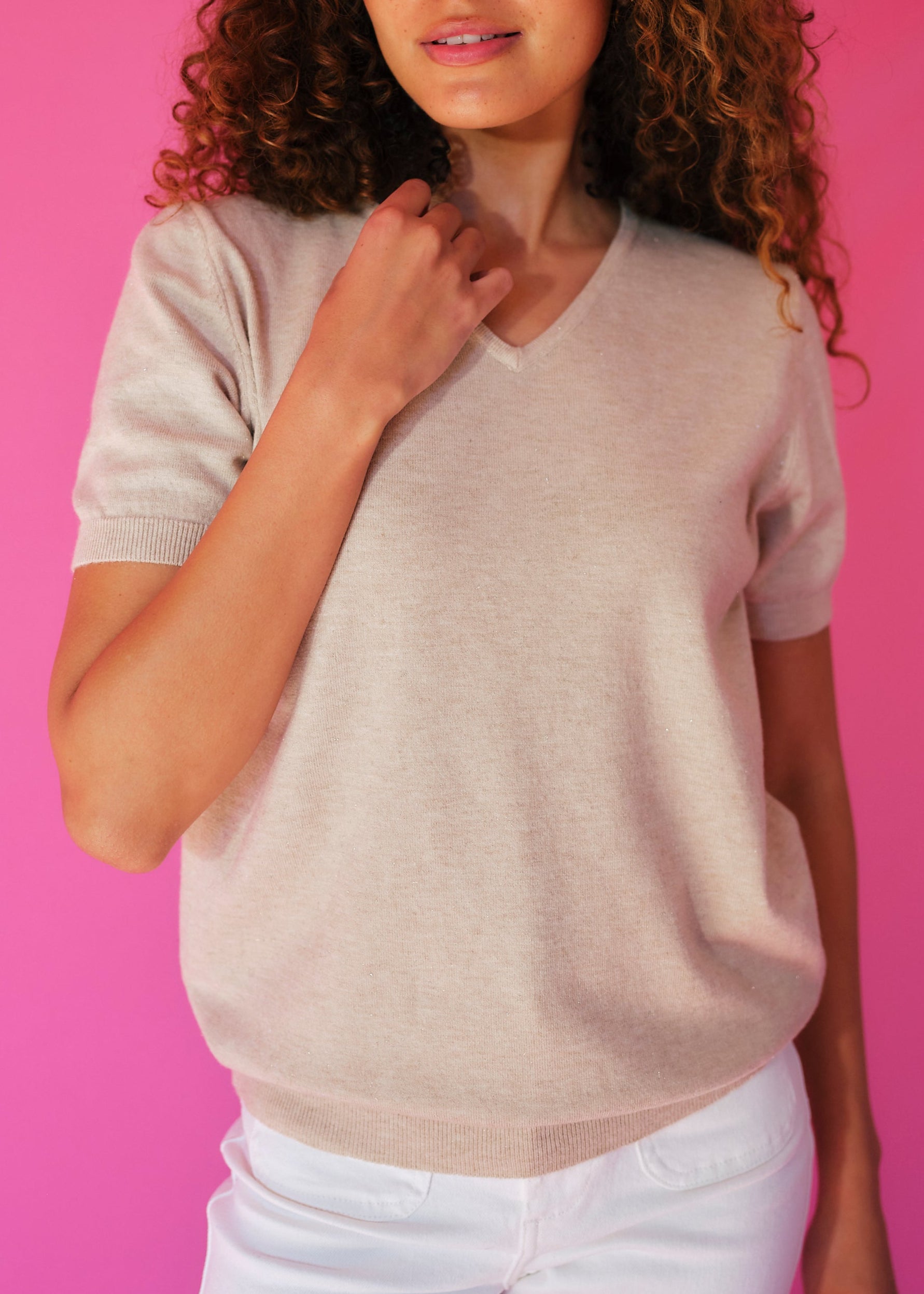 Lurex V Neck Tee with Shimmer Detail in Beige