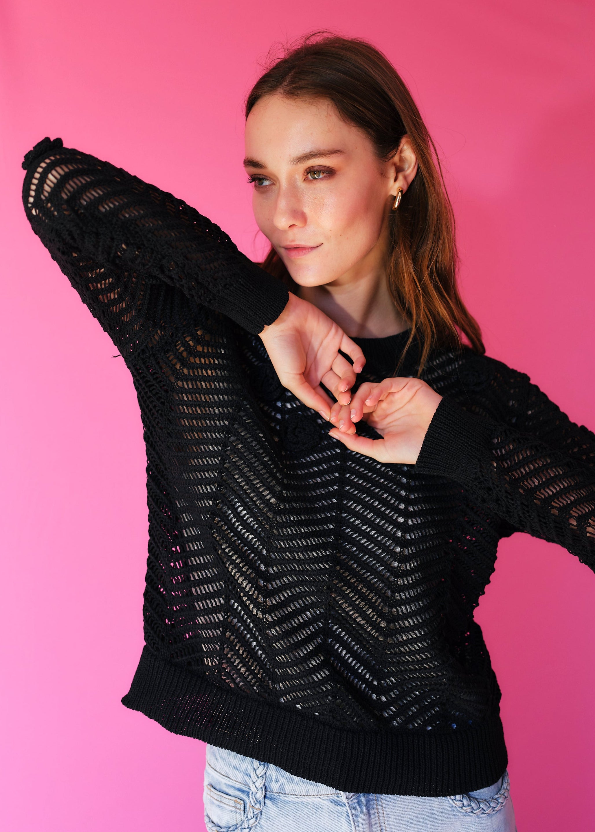 Camellia Knitted Open Weave Jumper with Lurex in Black