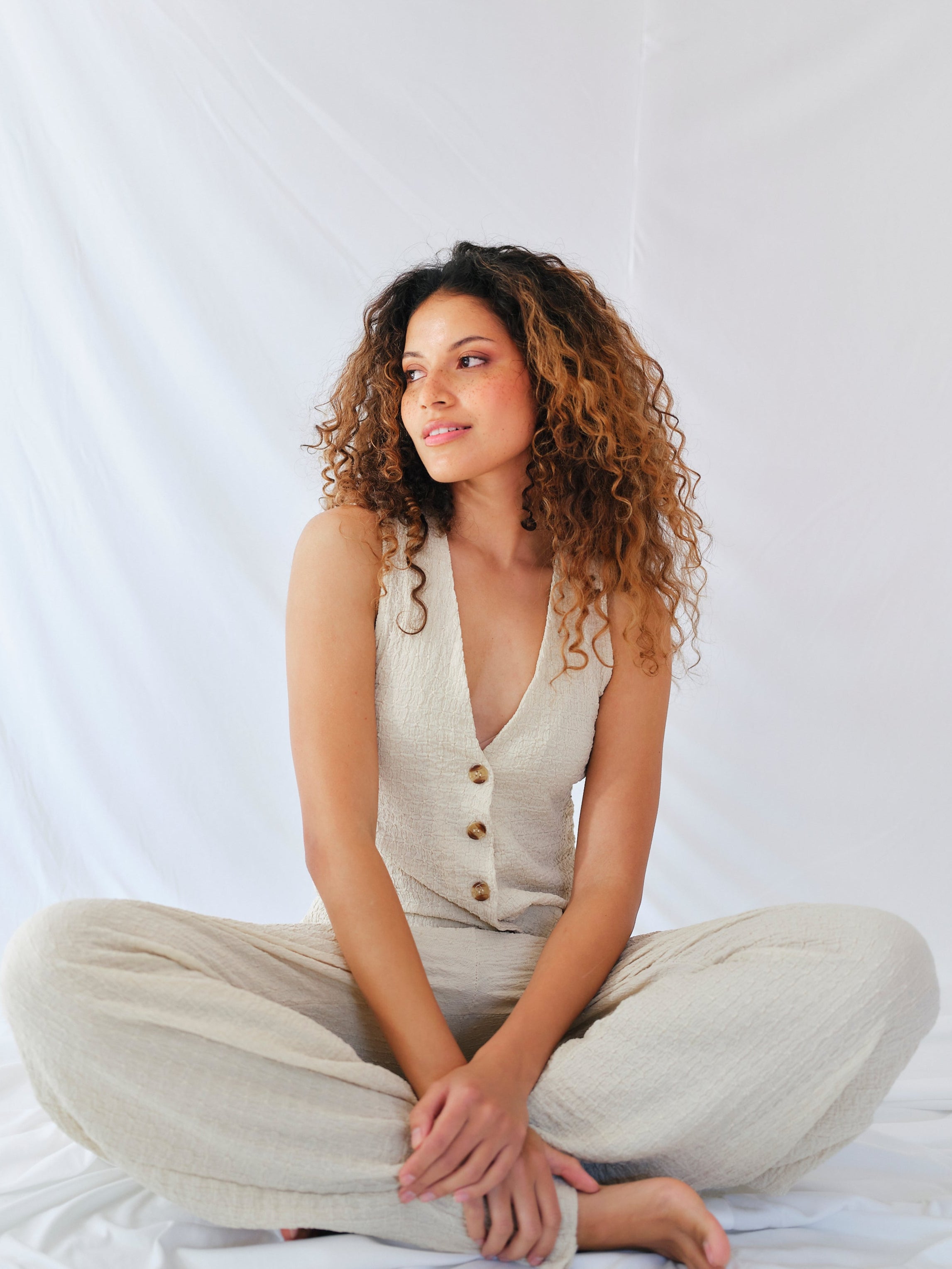 Tierra Italian Crepe Viscose Waistcoat and Palazzo Set in Cream
