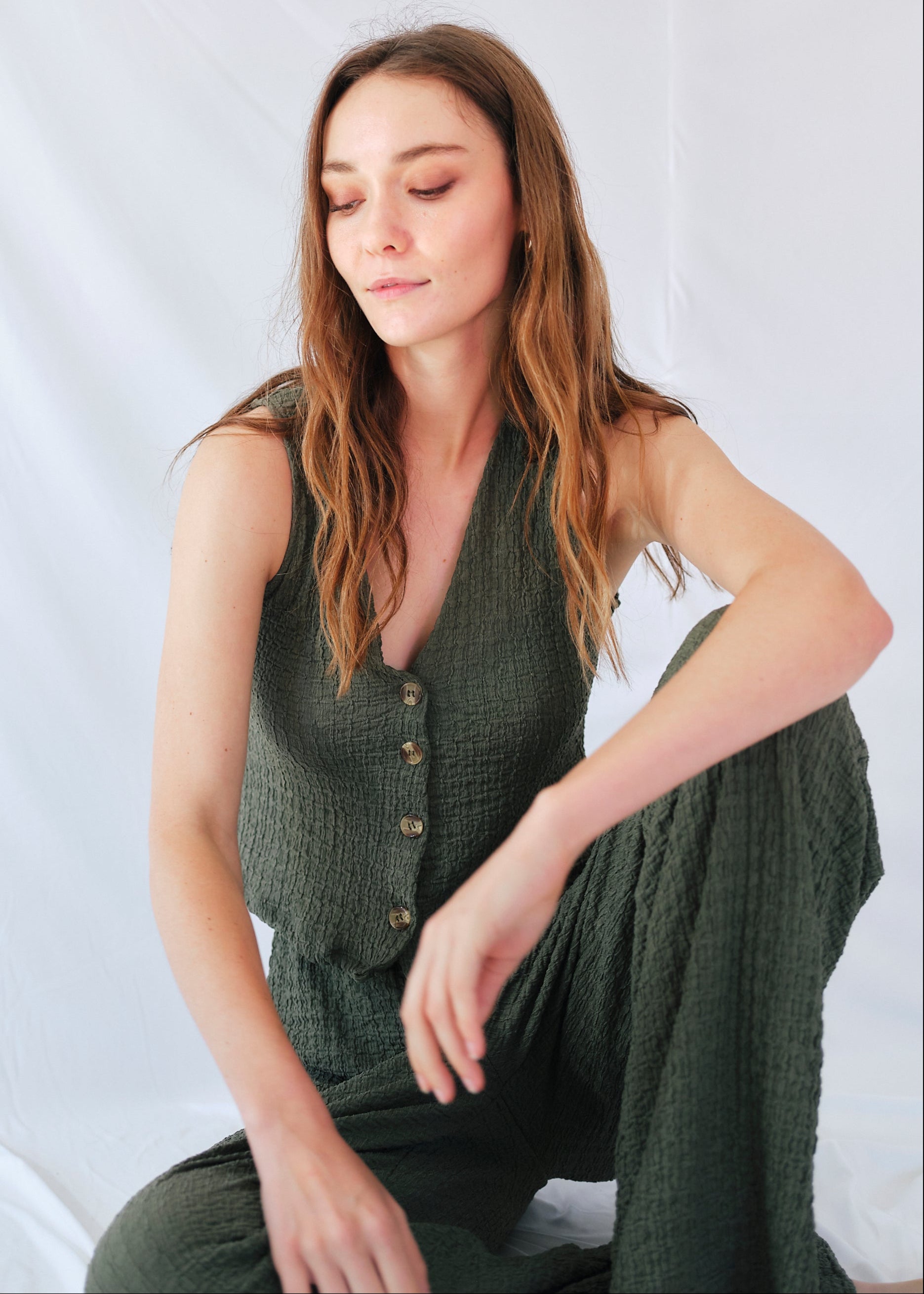 Tierra Italian Crepe Viscose Waistcoat and Palazzo Set in Khaki
