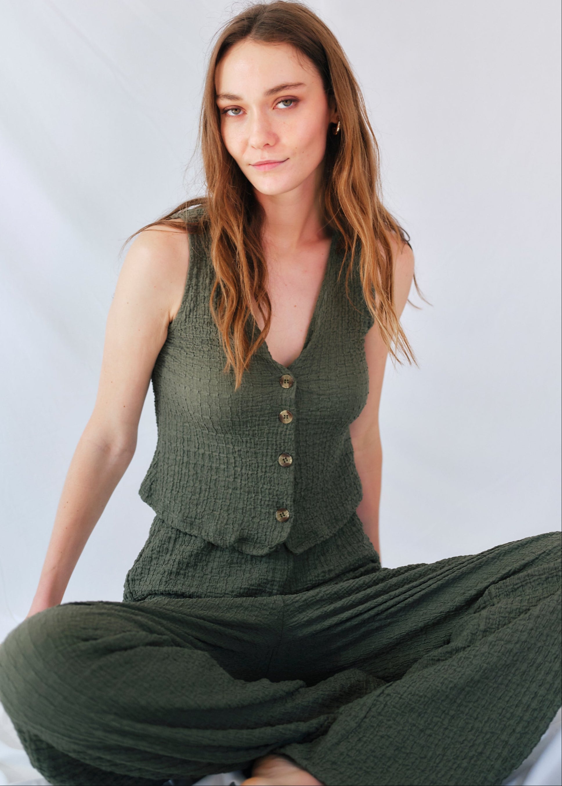 Tierra Italian Crepe Viscose Waistcoat and Palazzo Set in Khaki