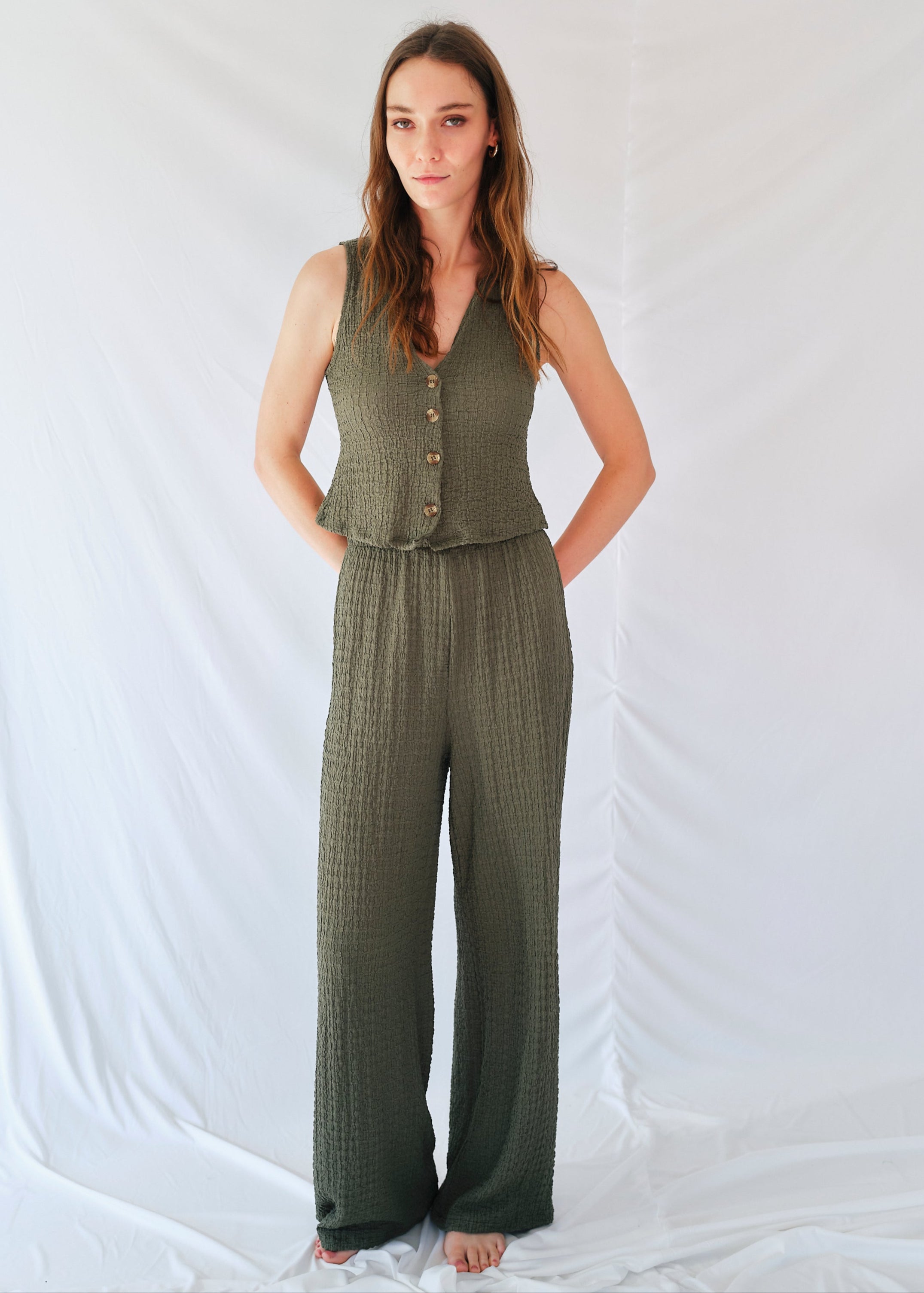 Tierra Italian Crepe Viscose Waistcoat and Palazzo Set in Khaki