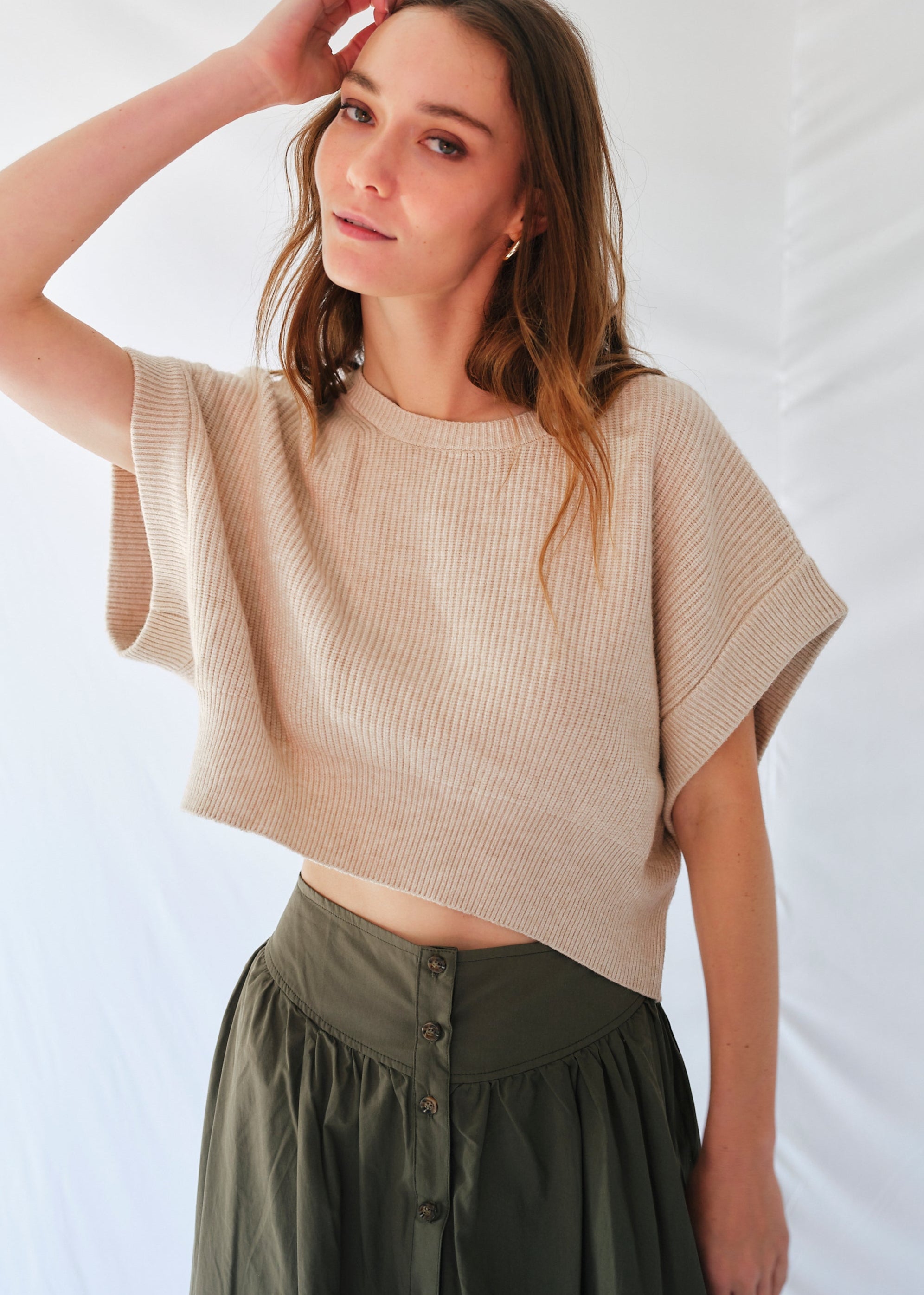 Cropped Batwing Knit in Beige