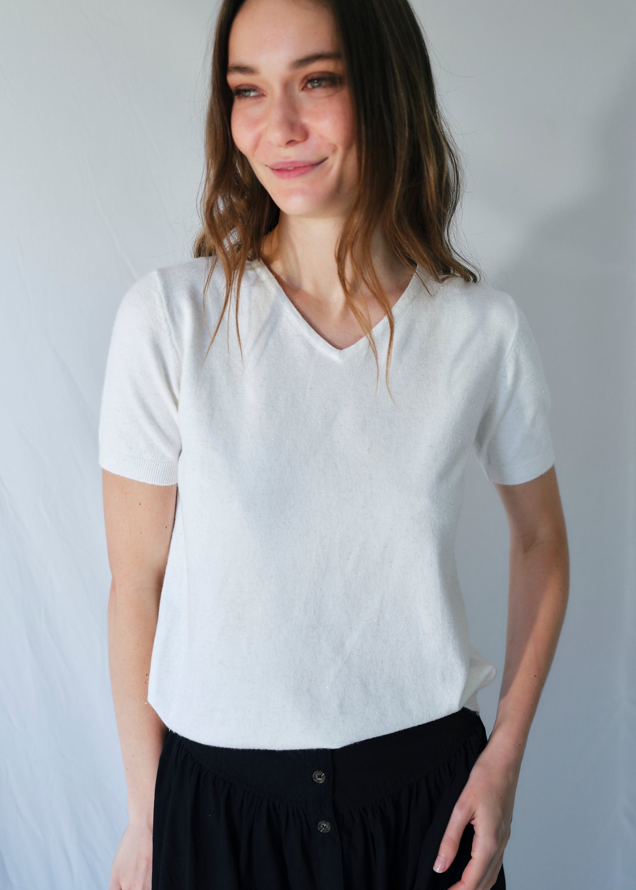 Lurex V Neck Tee with Shimmer Detail in Cream