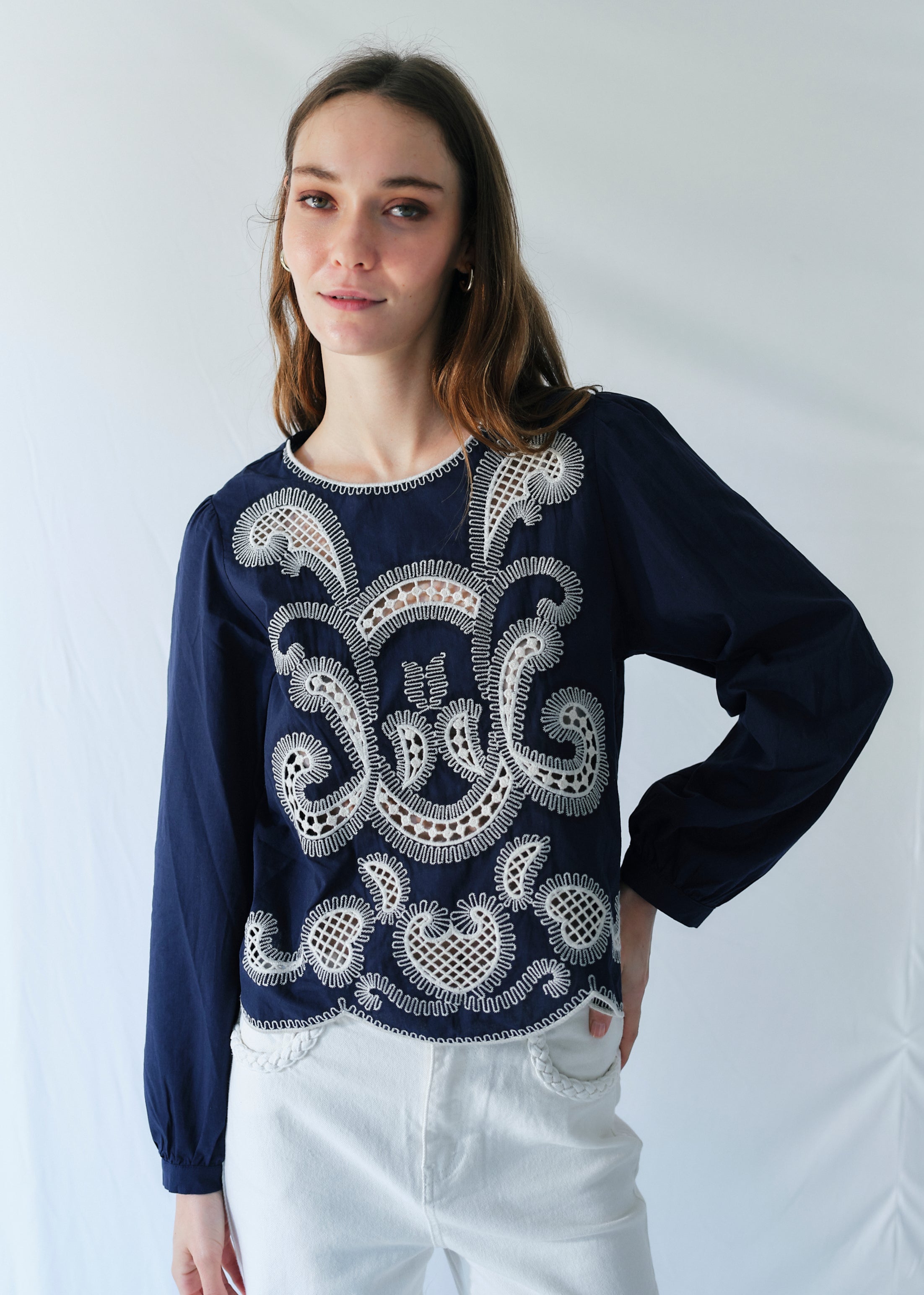 Cleo Cotton Blouse with White Motif in Navy Blue