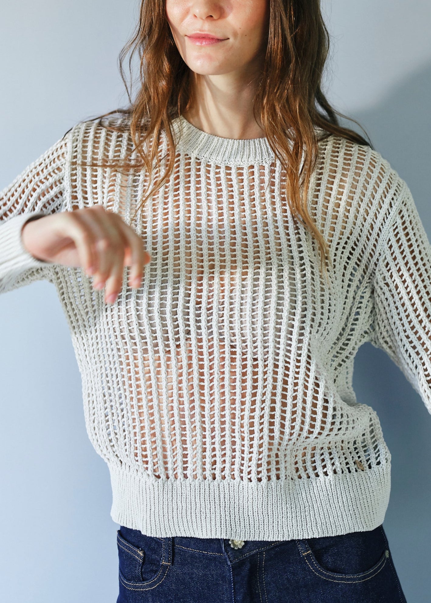 Ibiza Knitted Open Weave Jumper with Lurex in Cream