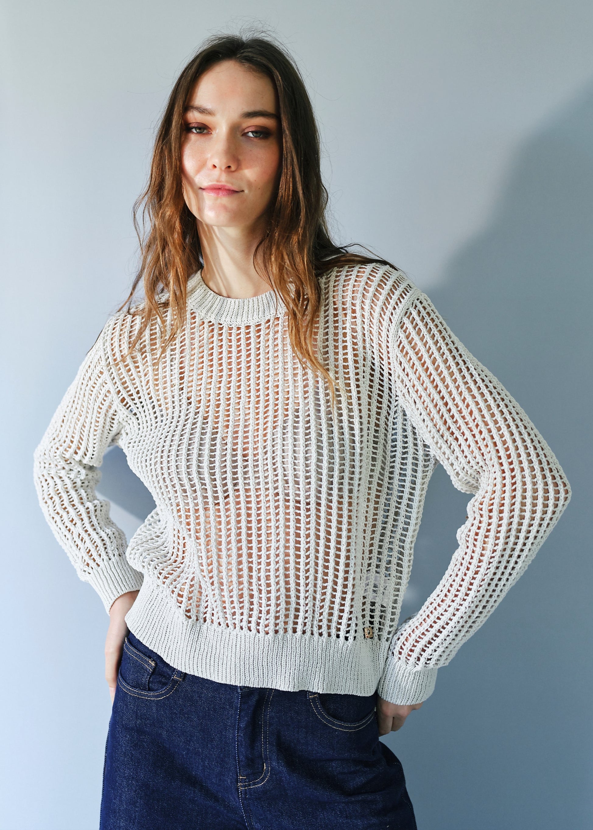 Ibiza Knitted Open Weave Jumper with Lurex in Cream