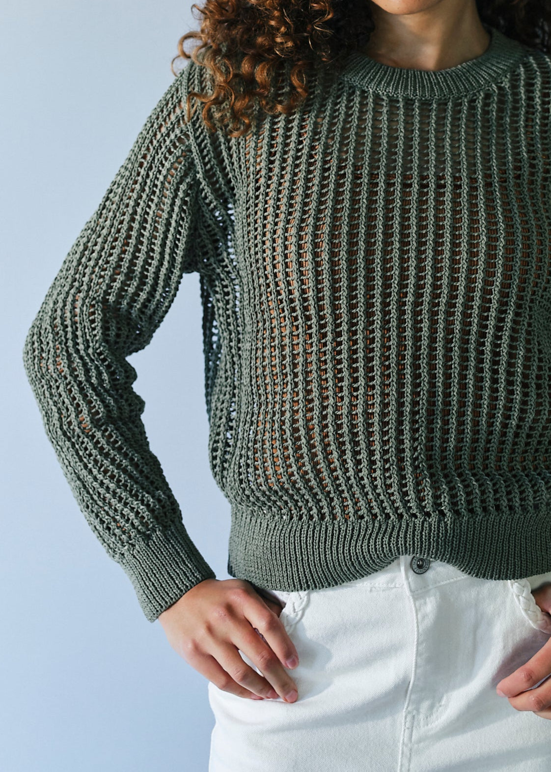 Ibiza Knitted Open Weave Jumper with Lurex in Khaki