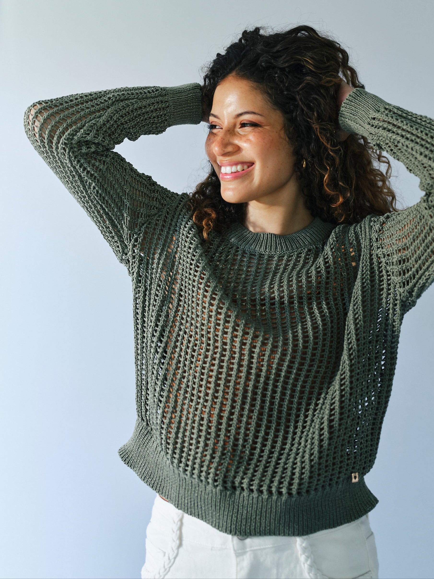 Ibiza Knitted Open Weave Jumper with Lurex in Khaki
