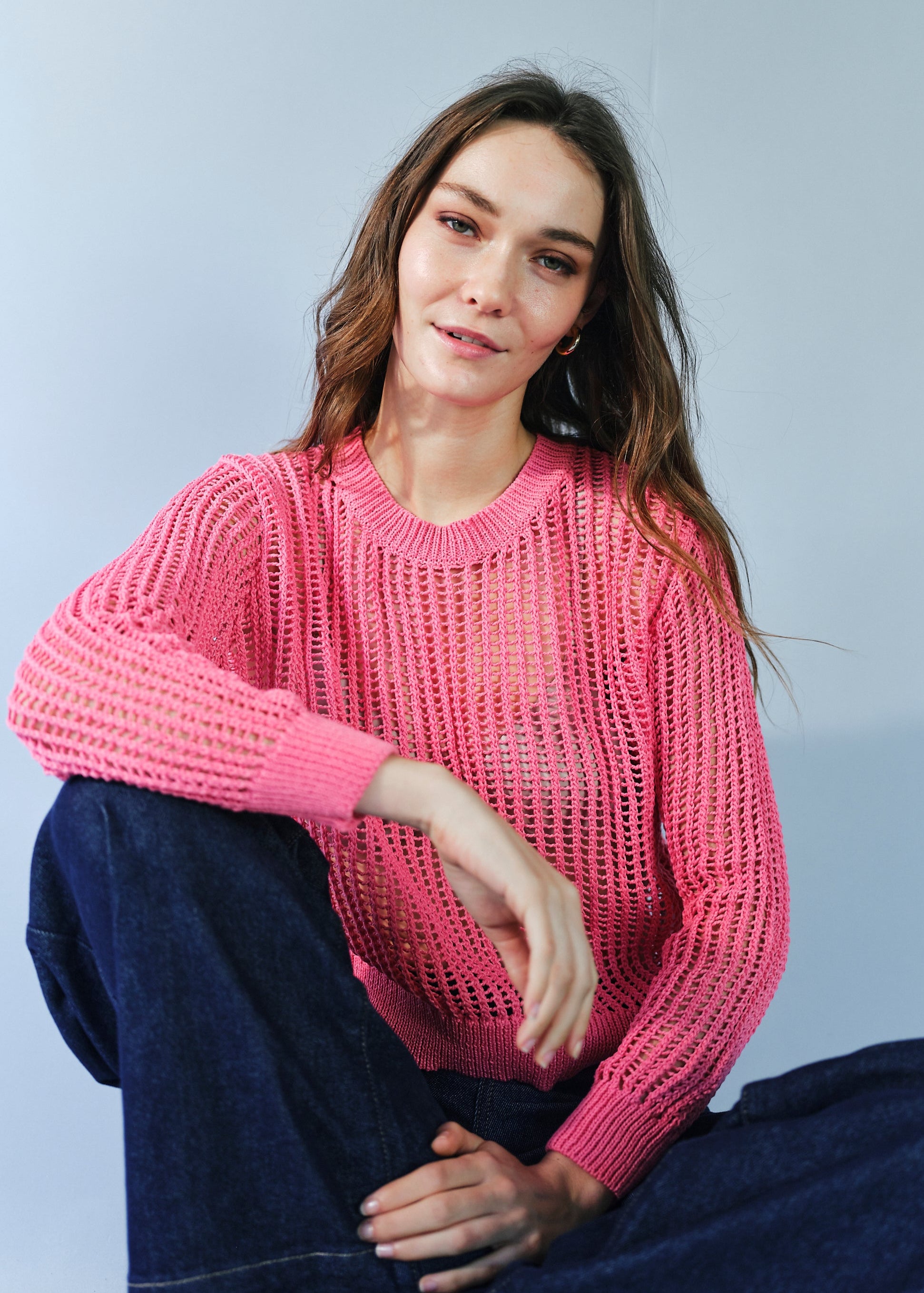 Ibiza Knitted Open Weave Jumper with Lurex in Pink
