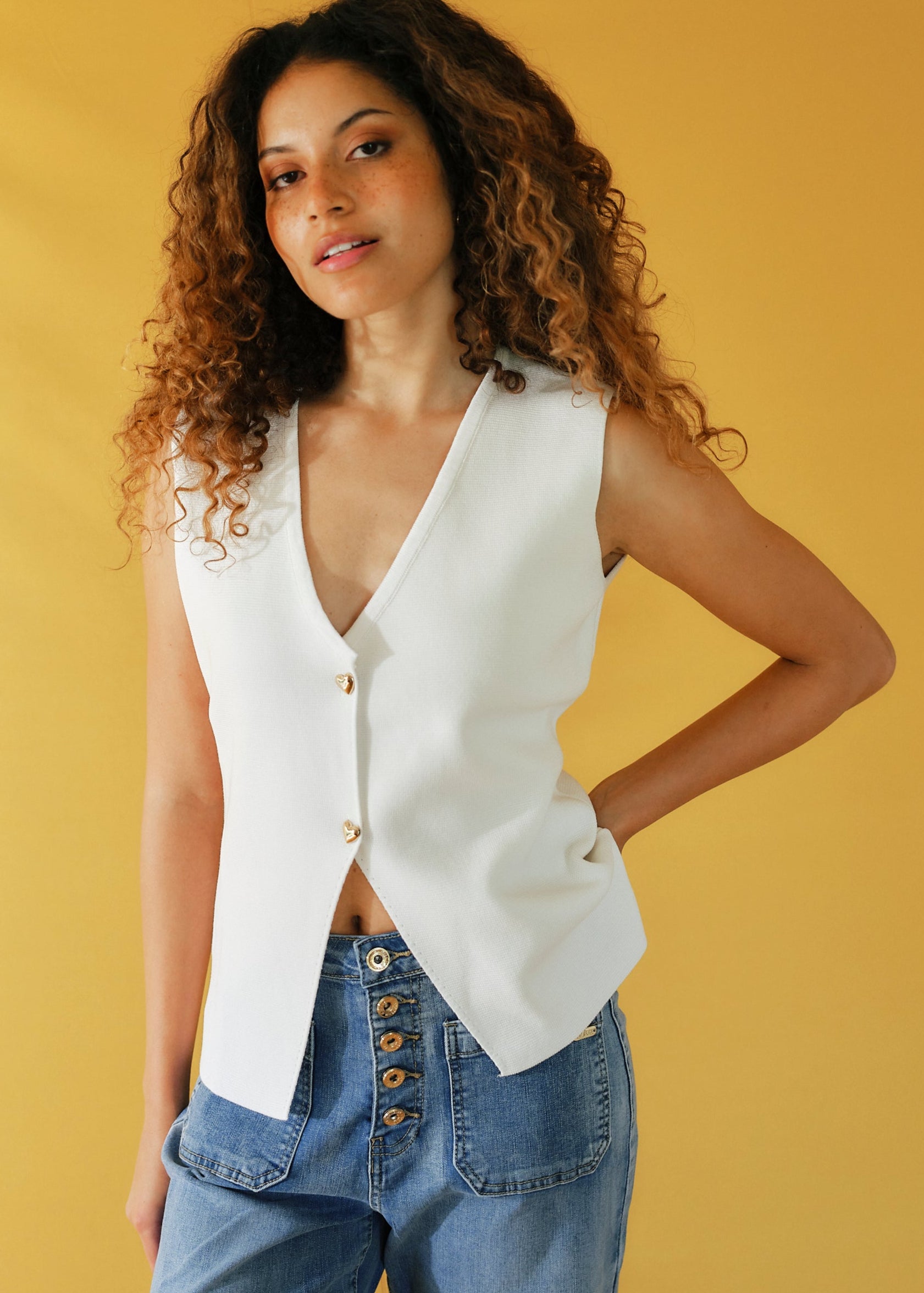 Sleeveless Knitted Cardi with Gold Heart Buttons in White