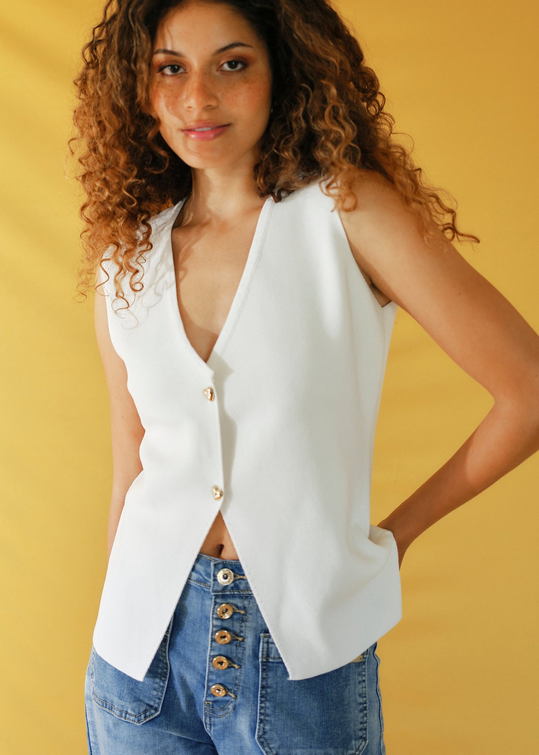 Sleeveless Knitted Cardi with Gold Heart Buttons in White