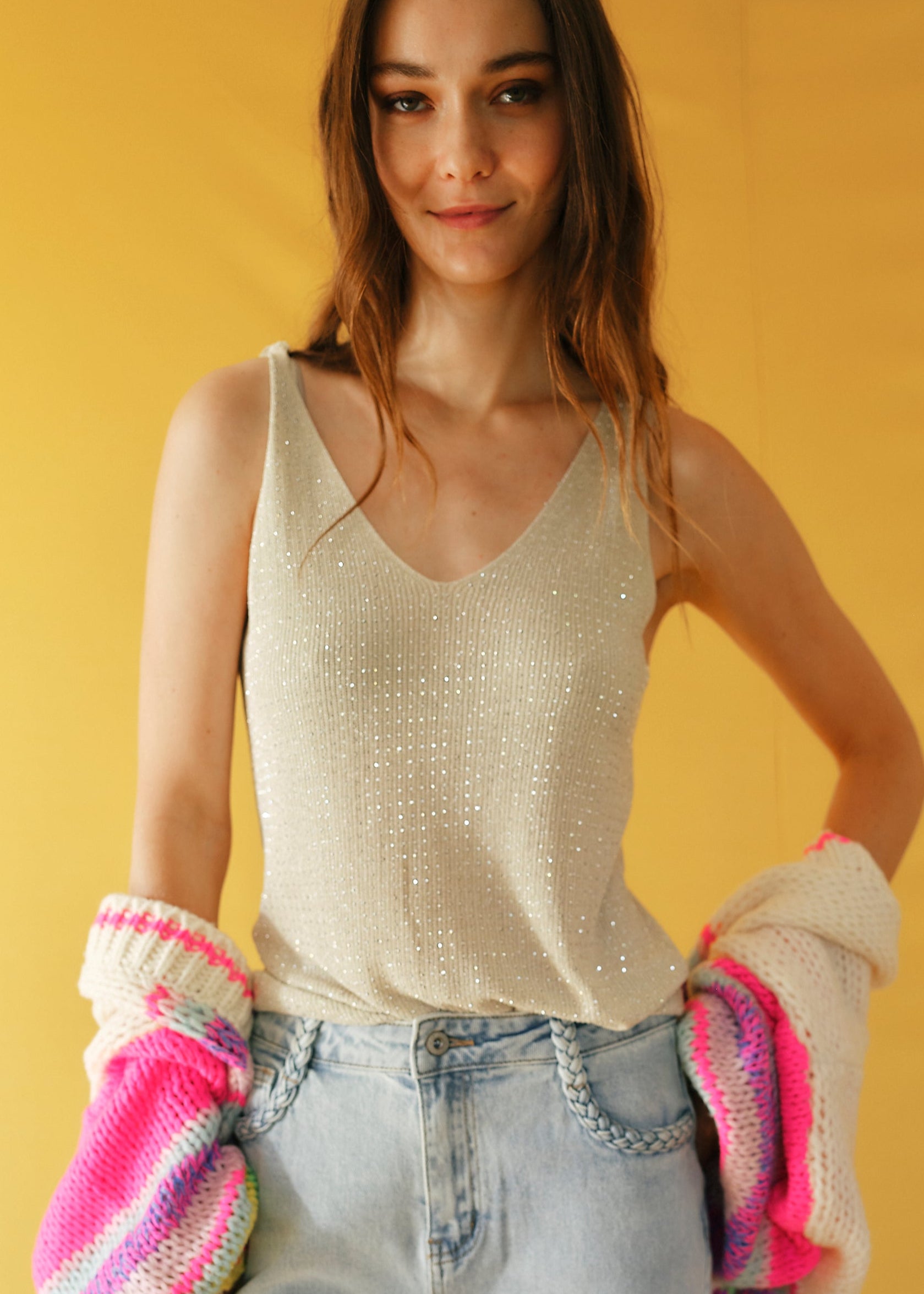 Studded Lurex Vest in Taupe