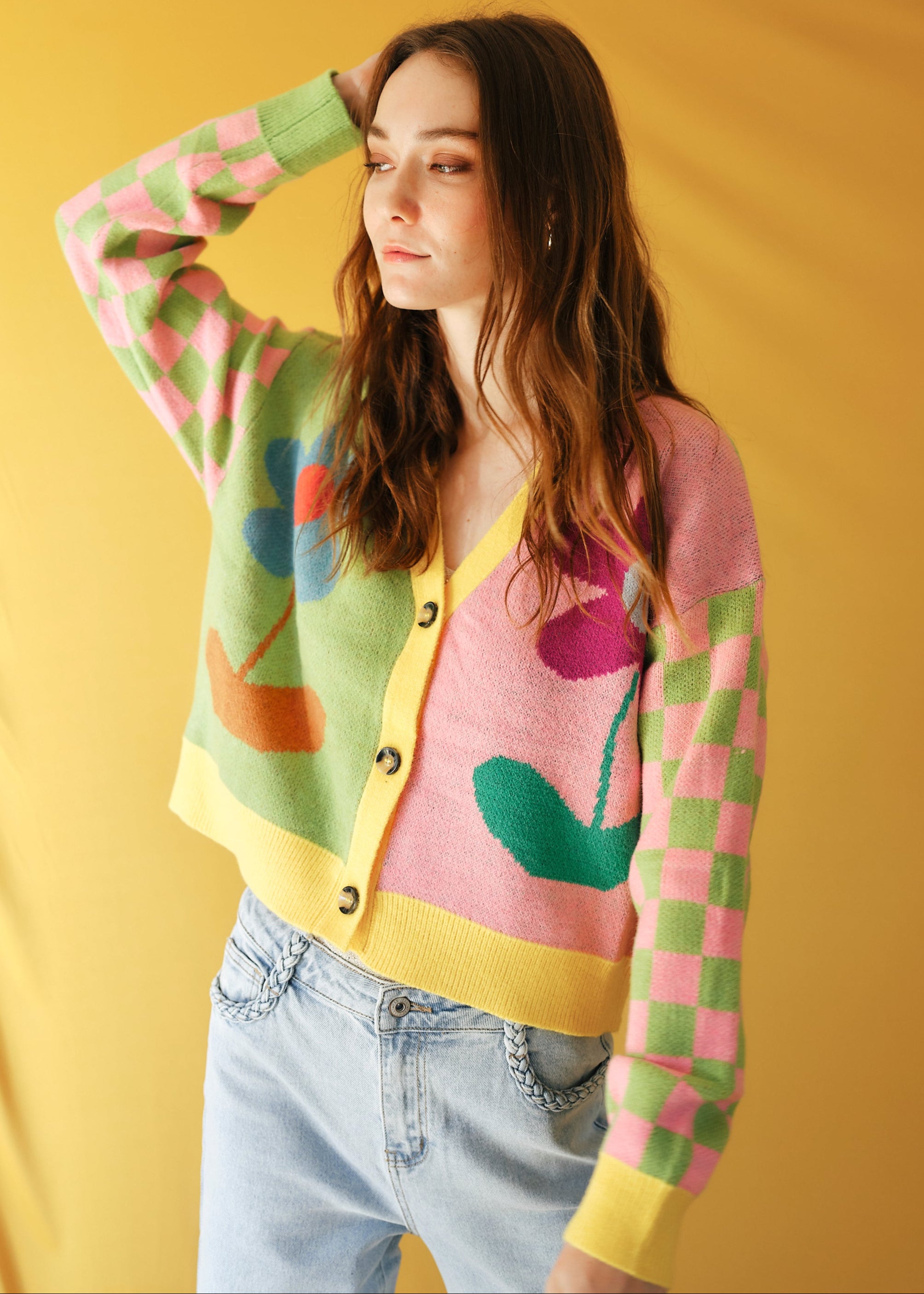 Daisy Cardigan in Green and Pink