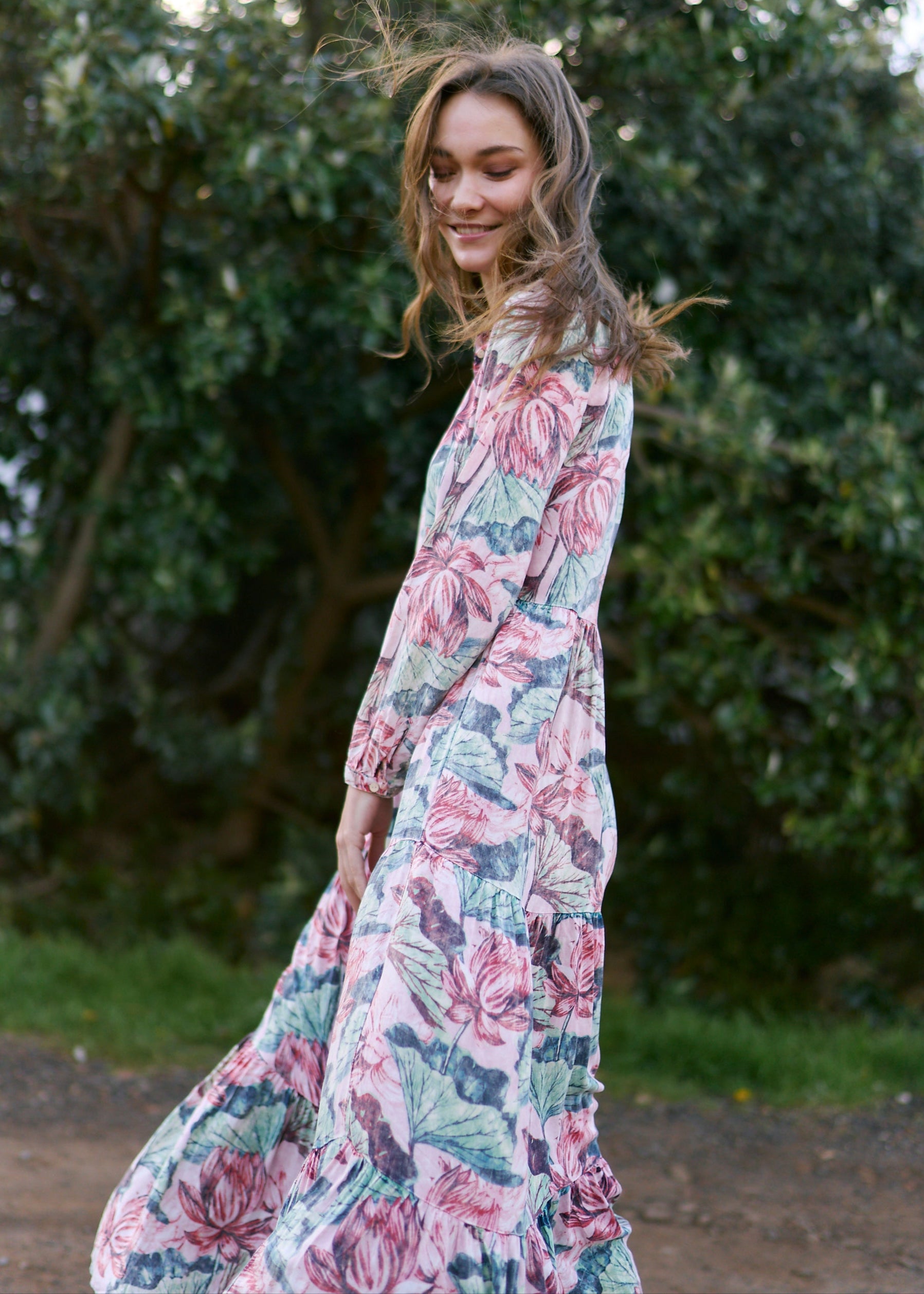 Bohemian Shirt Dress with Faded Floral Print