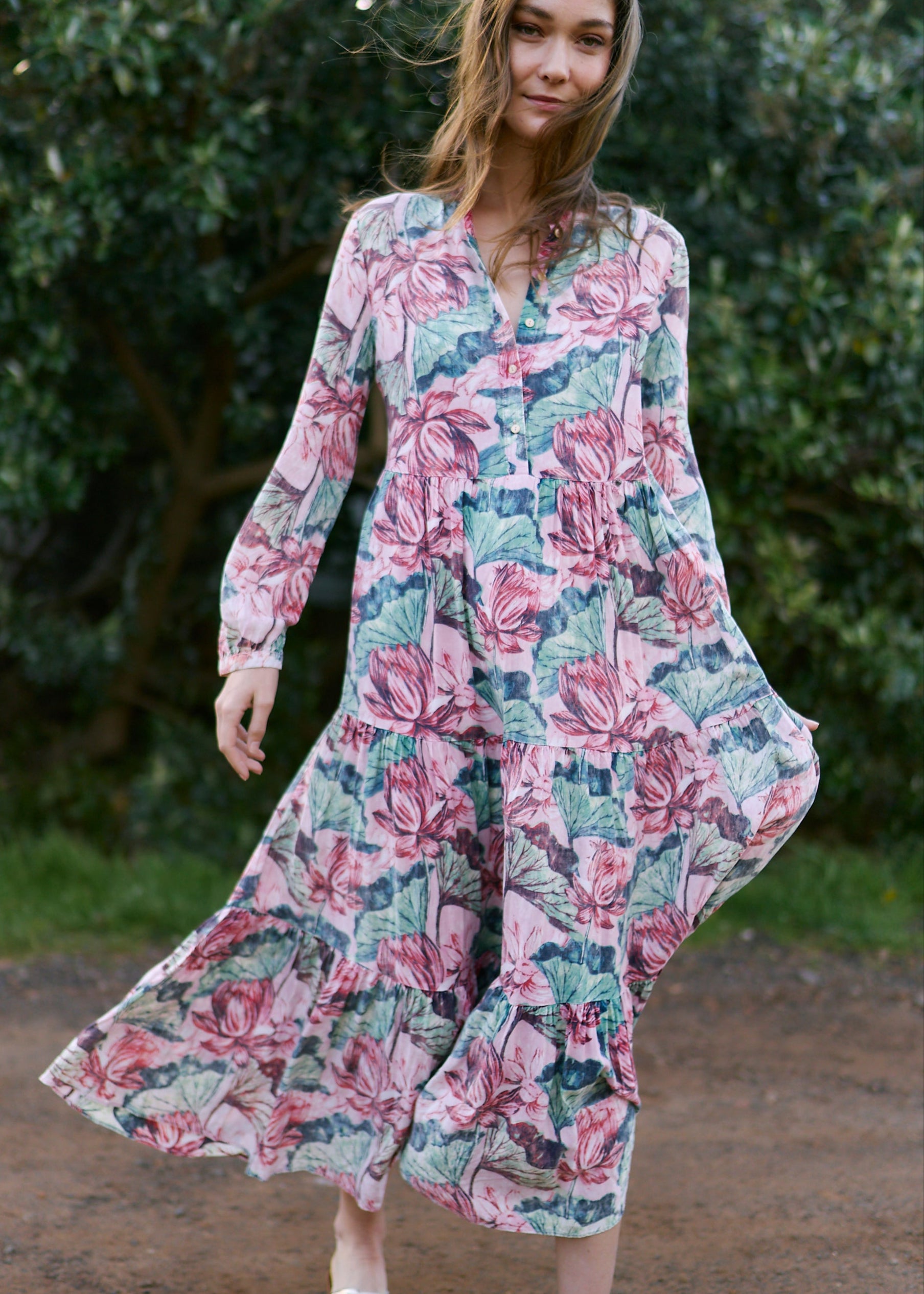 Bohemian Shirt Dress with Faded Floral Print