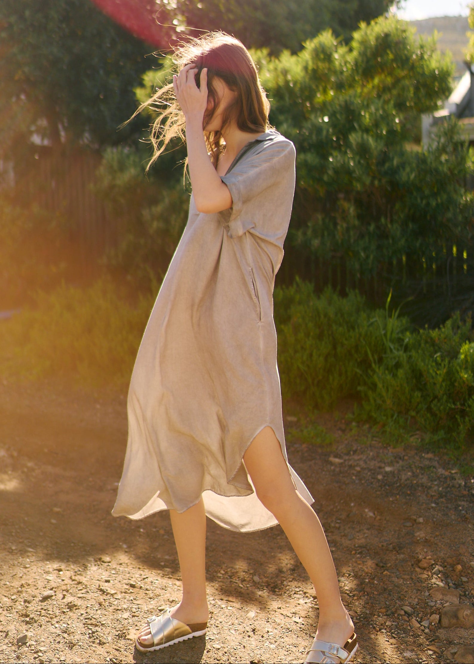 Linen Blend Bohemian Dress in Stonewashed Khaki