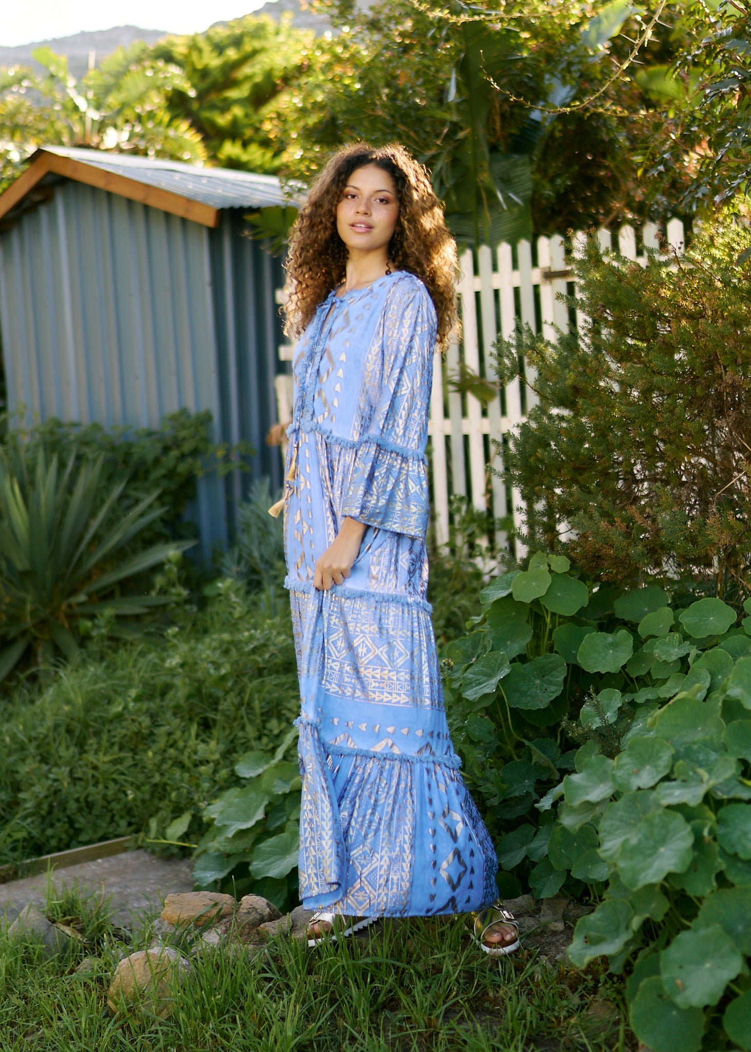 Phoebe Maxi Boho Dress with Gold Foil in Bright Blue