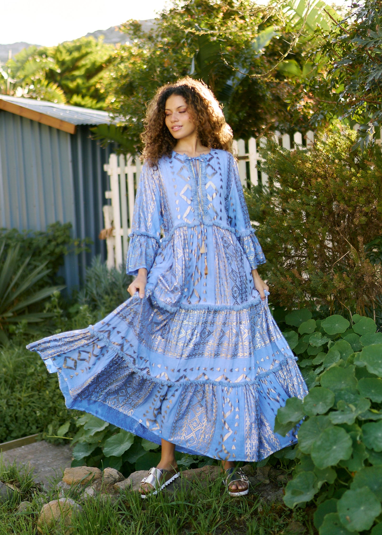 Phoebe Maxi Boho Dress with Gold Foil in Bright Blue