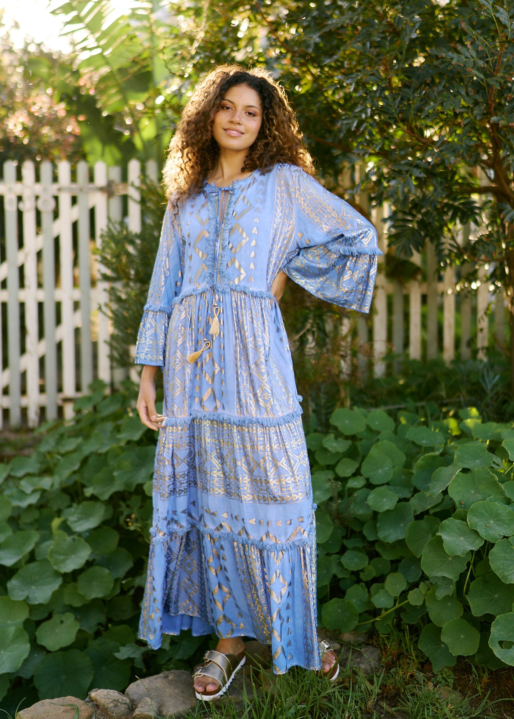 Phoebe Maxi Boho Dress with Gold Foil in Bright Blue