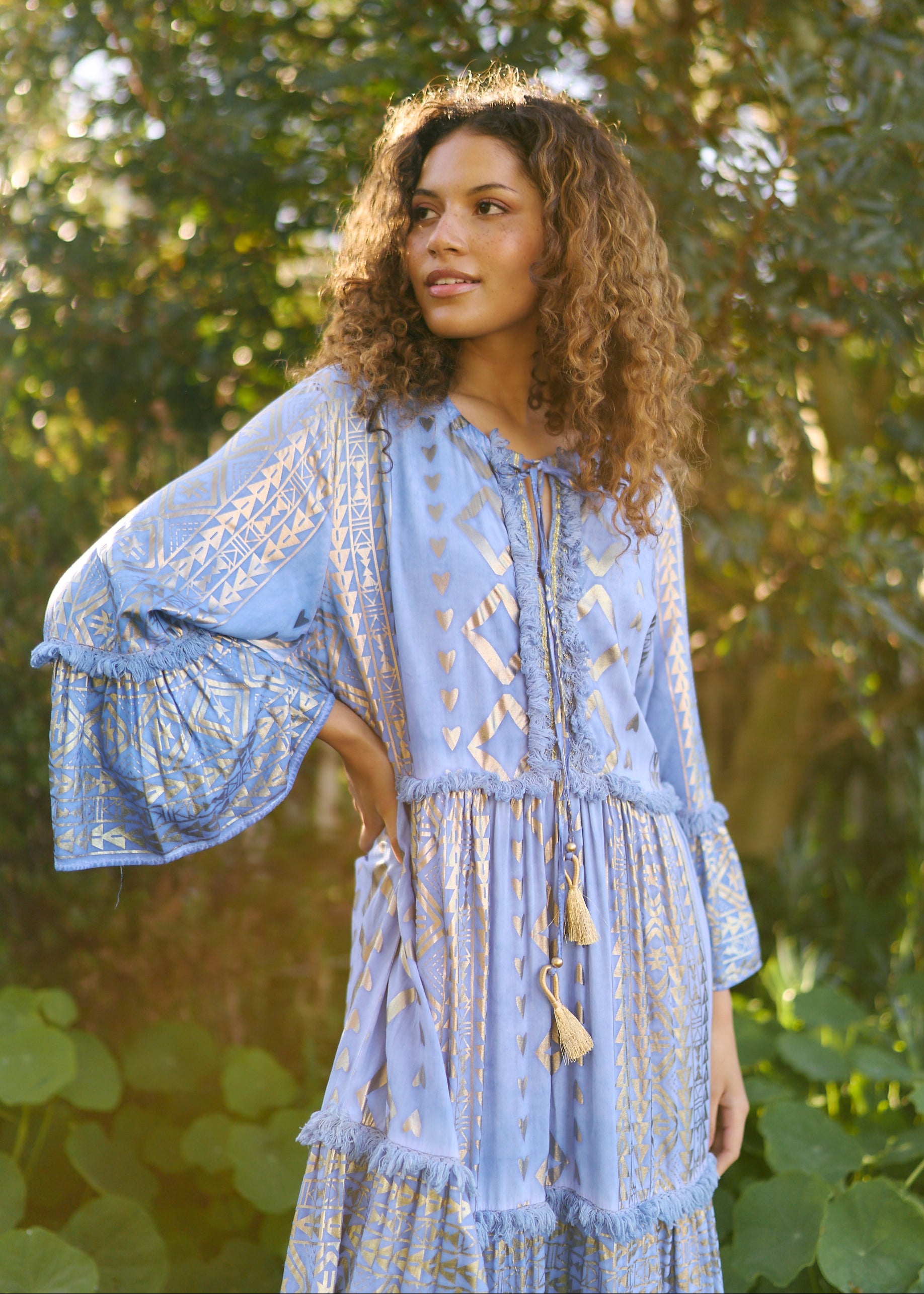 Phoebe Maxi Boho Dress with Gold Foil in Bright Blue