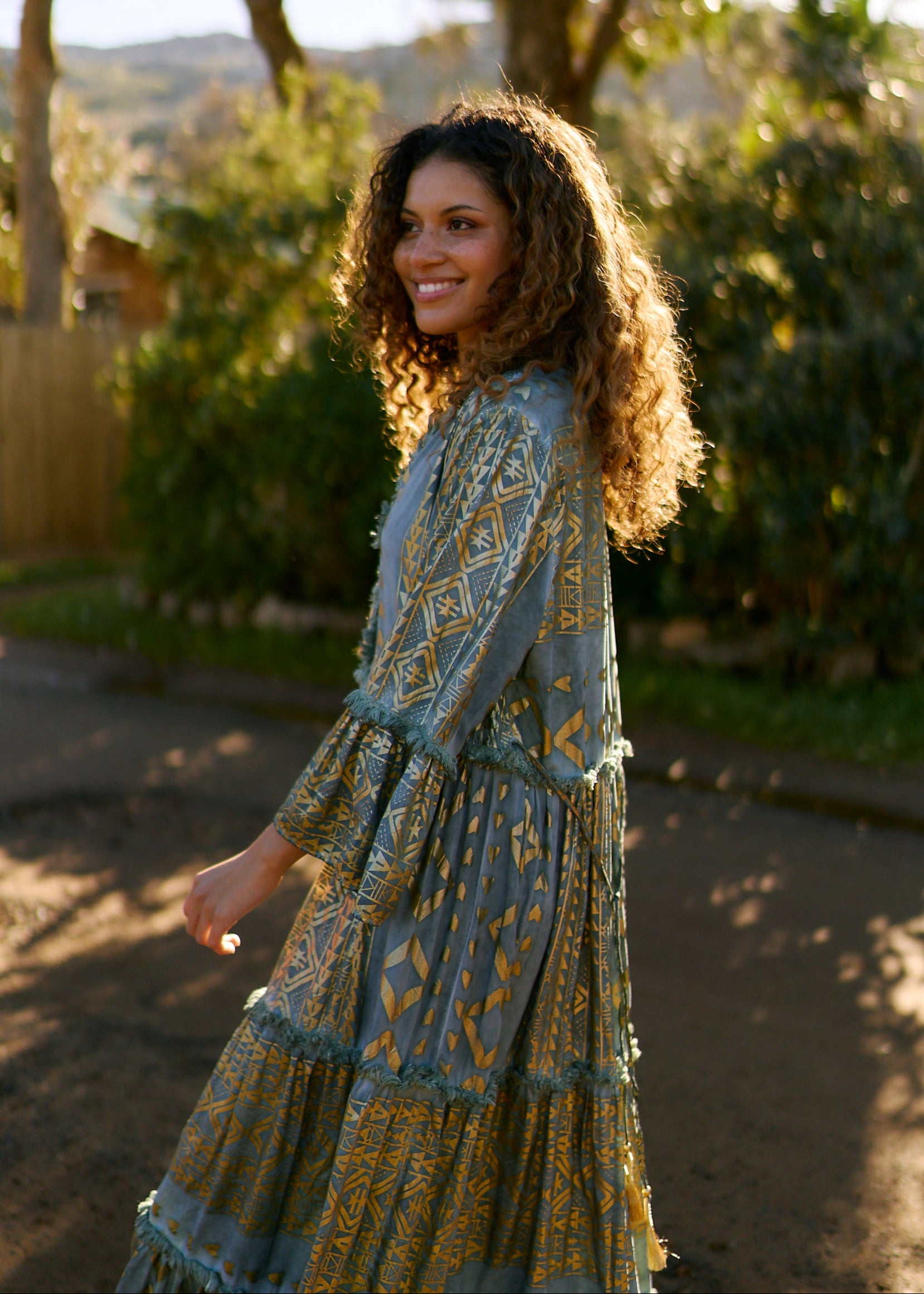 Phoebe Maxi Bohemian Dress with Front Tassels in Deep Green