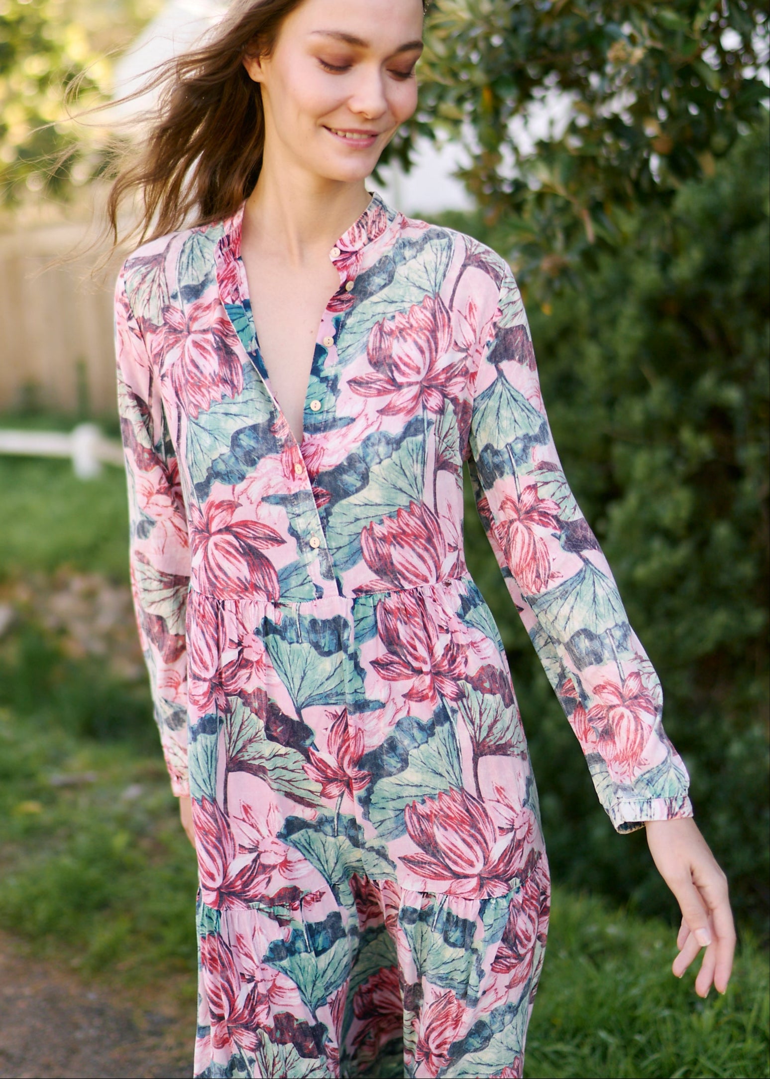 Bohemian Shirt Dress with Faded Floral Print