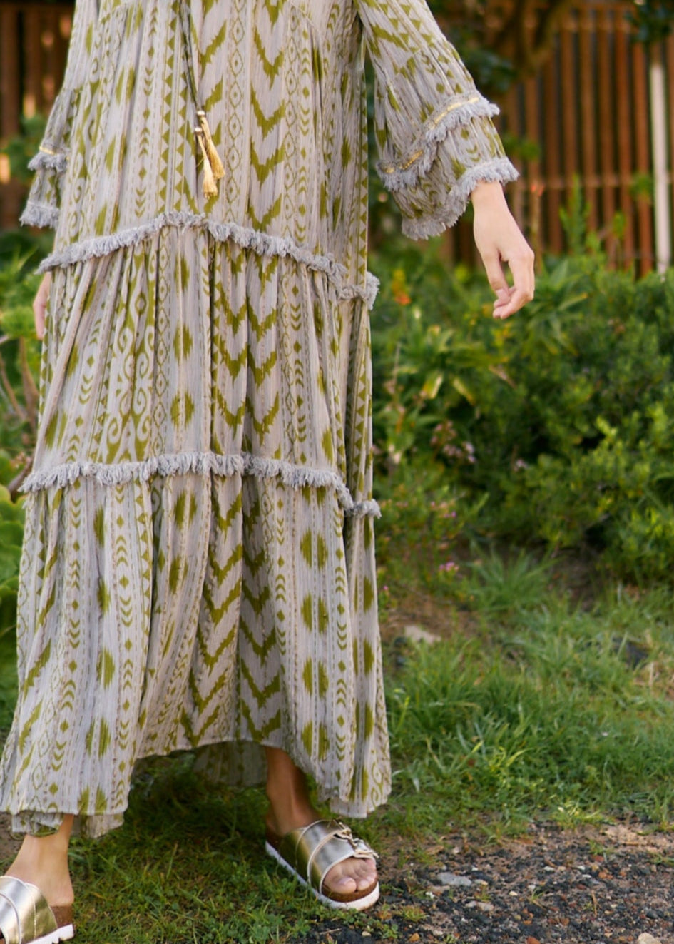 Phoebe Soft Viscose Bohemian Dress with Metallic Thread in Olive Green