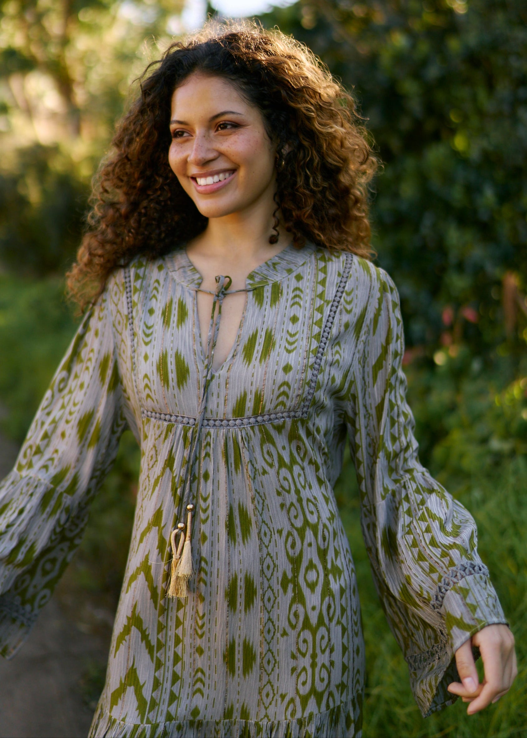 Phoebe Short Bohemian Dress with Tassels in Dark Green
