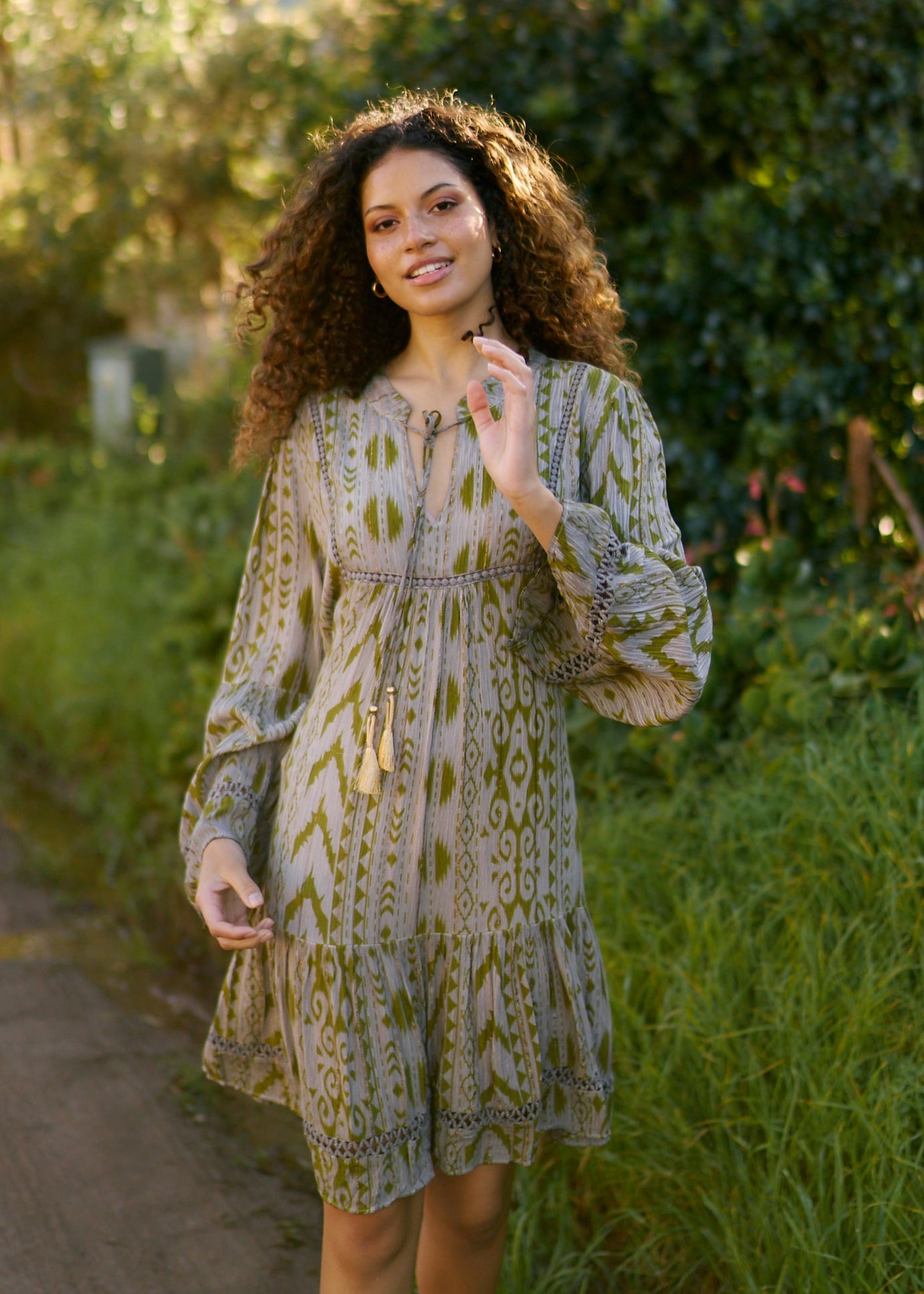 Phoebe Short Bohemian Dress with Tassels in Dark Green