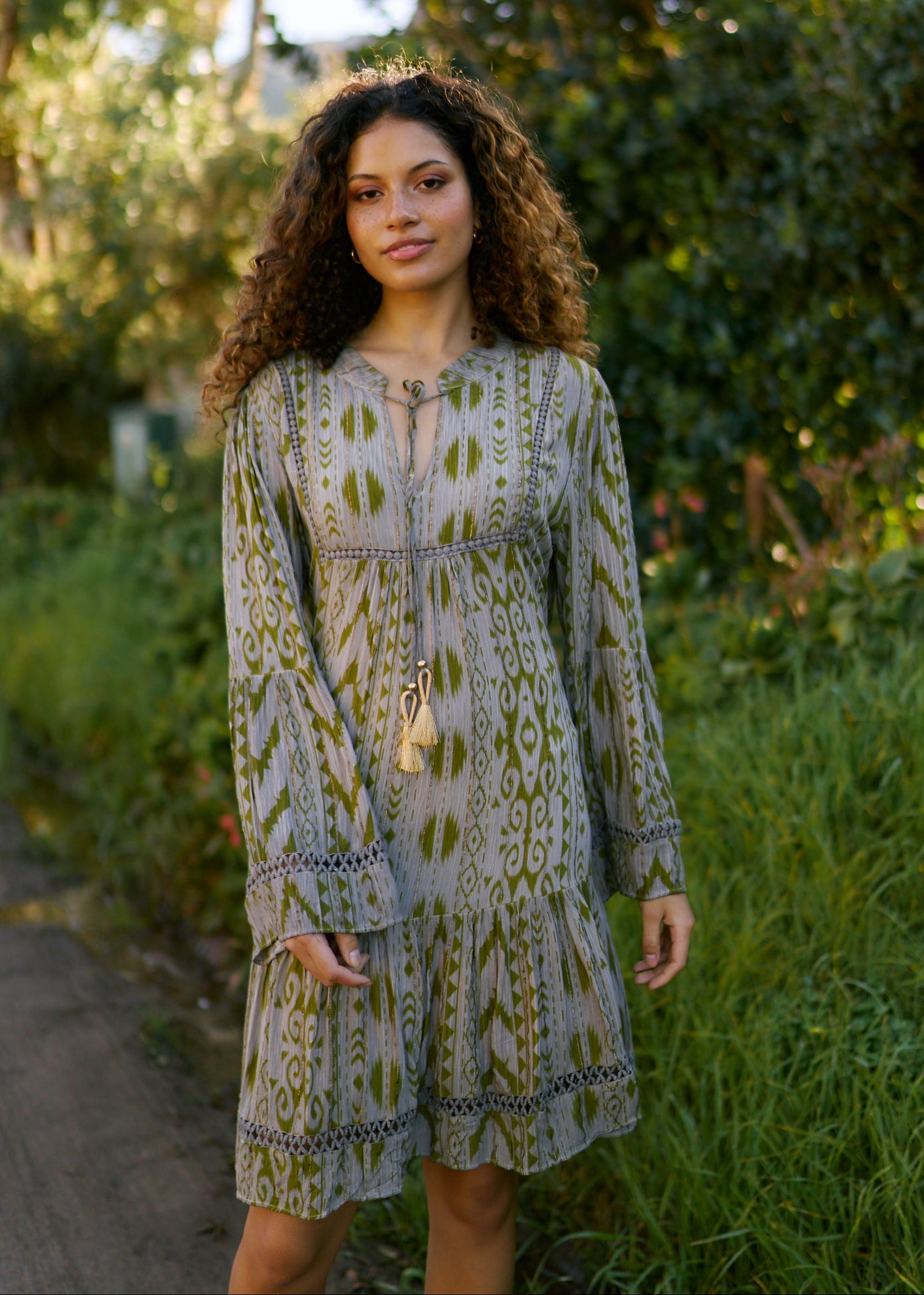 Phoebe Short Bohemian Dress with Tassels in Dark Green