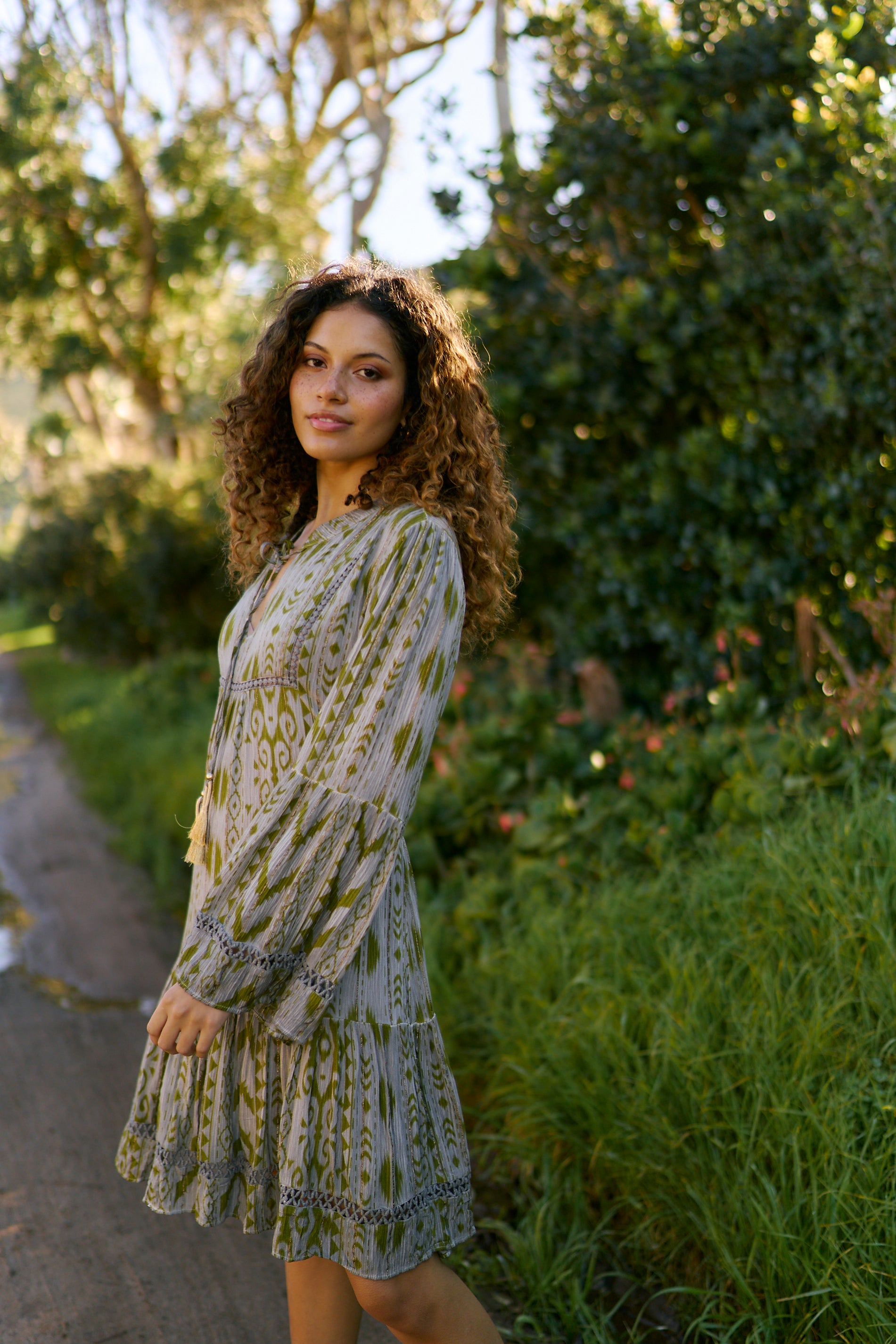 Phoebe Short Bohemian Dress with Tassels in Dark Green