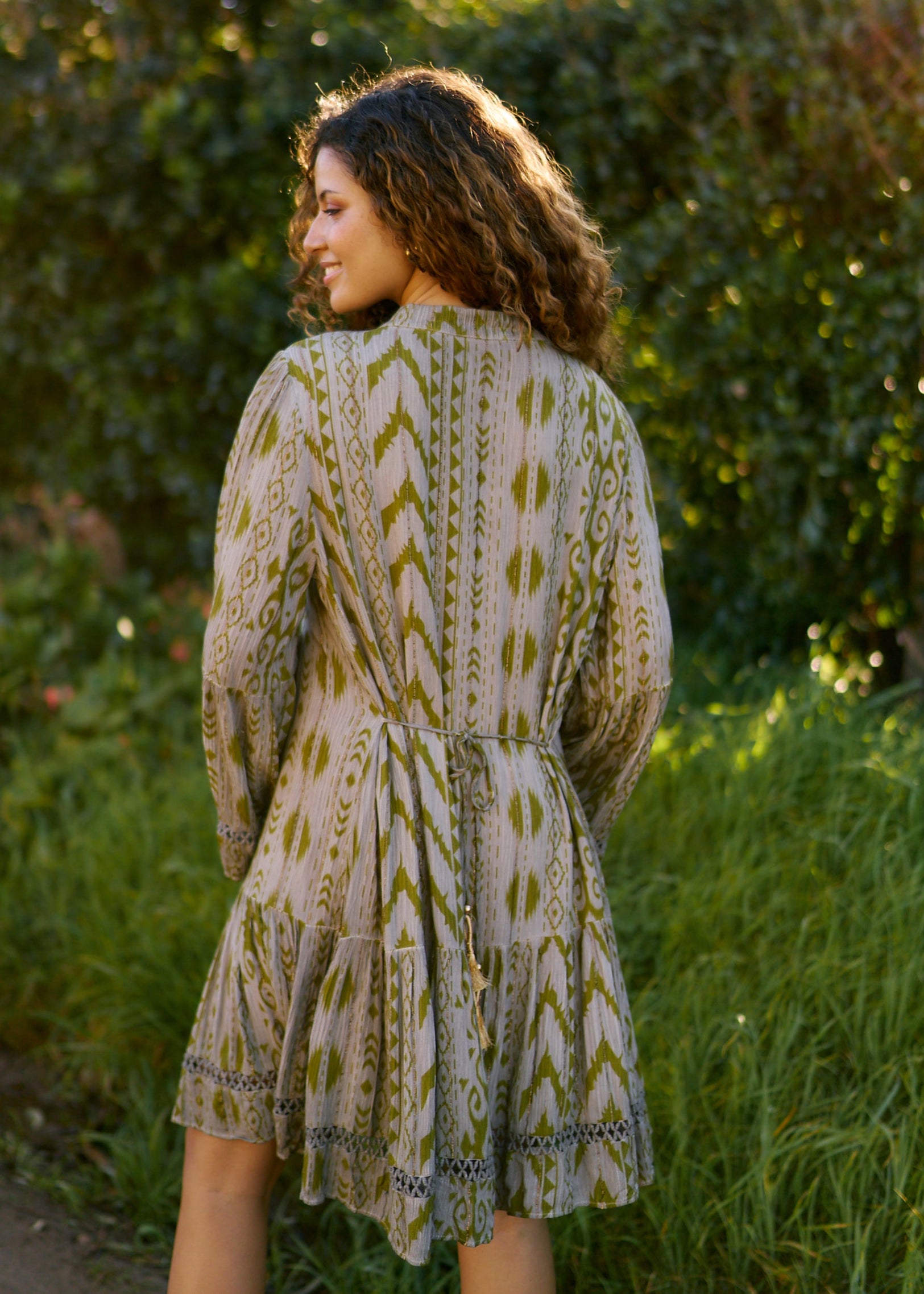 Phoebe Short Bohemian Dress with Tassels in Dark Green
